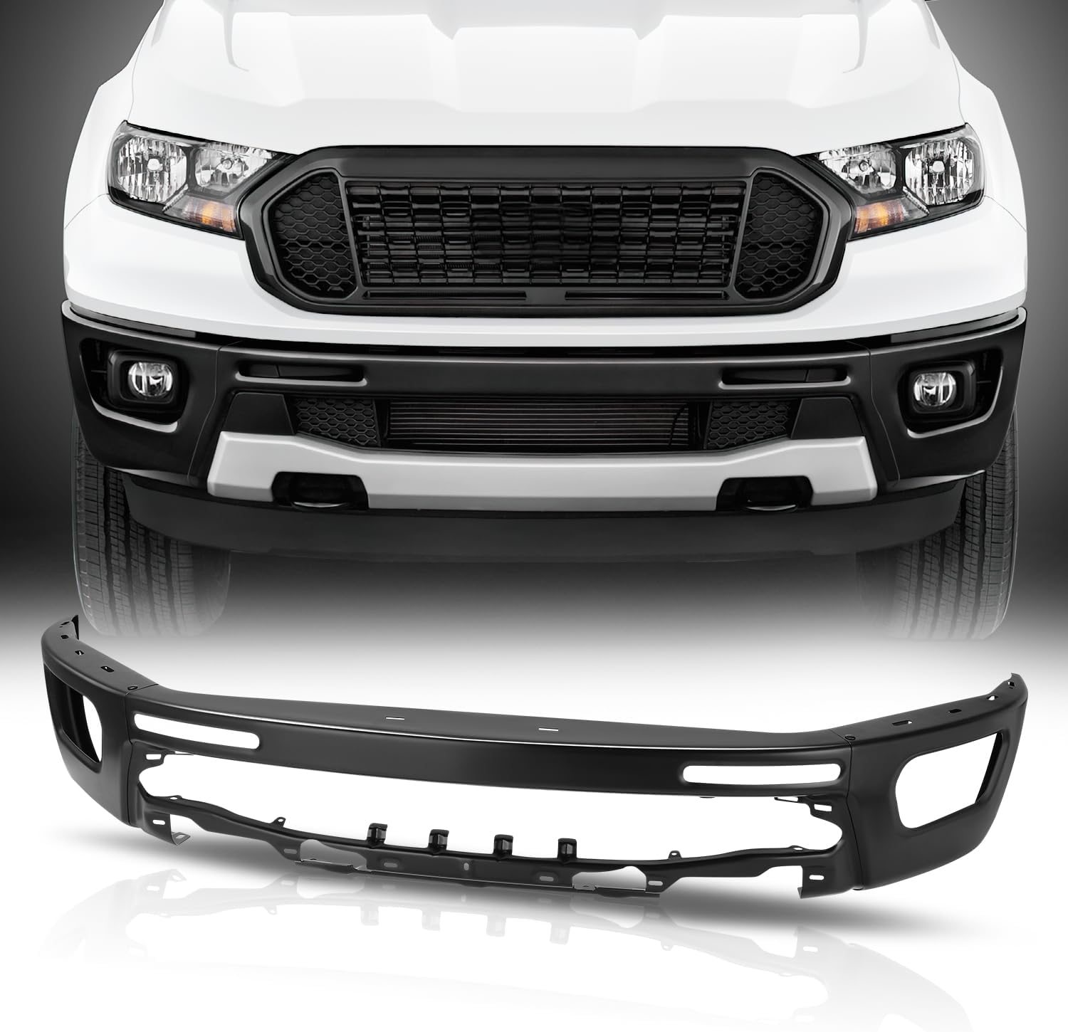 Auto Dynasty Front Bumper Face Bar Compatible with 2019-2023 Ford Ranger, Impact Bumper without Parking Assist, Primered Black Steel, FO1002435, 19 20 21 22 23 24