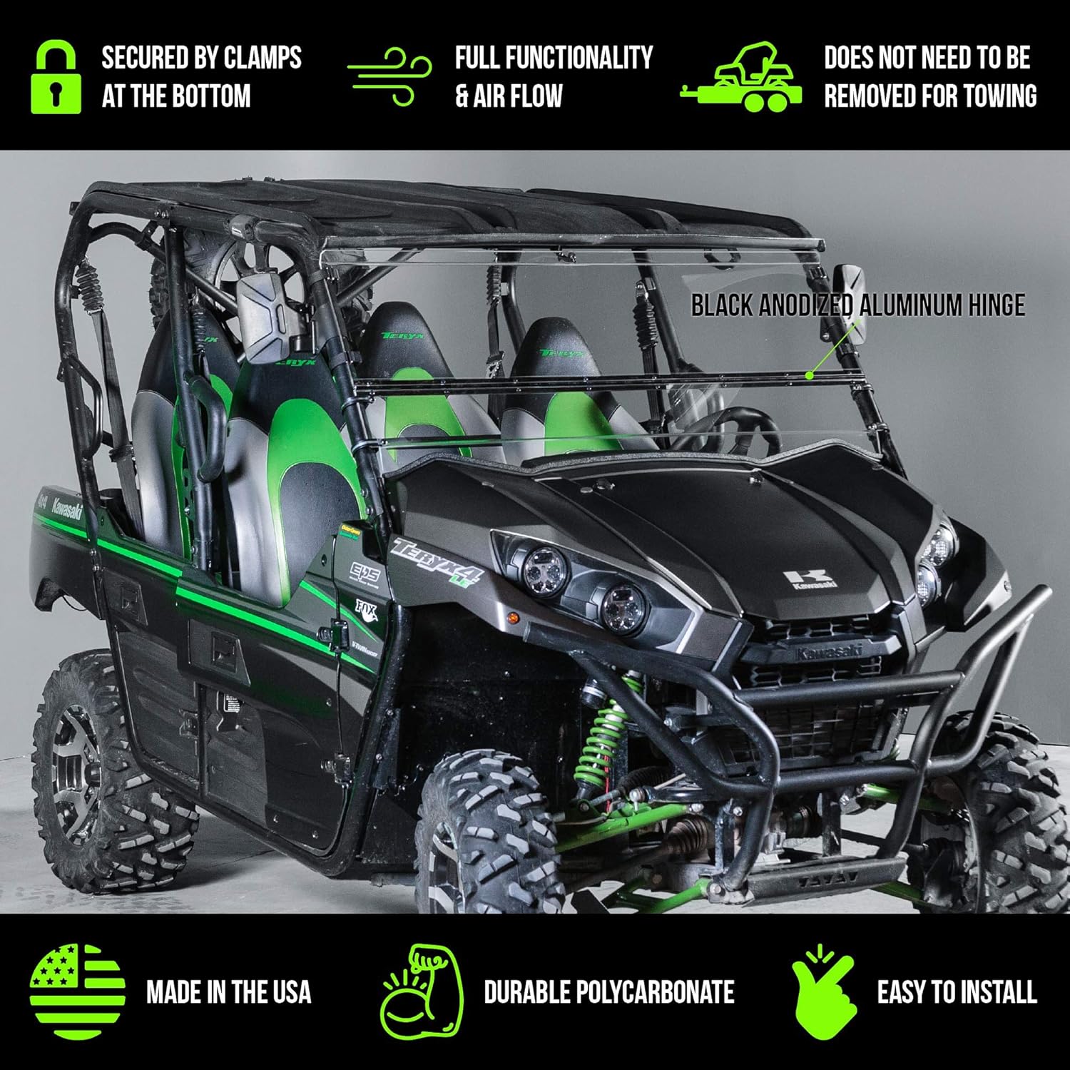 Kawasaki Teryx Full Tilting UTV Windshield- 4 seater and 2 seater 2016 and newer. Made in USA-Best of both world half when you want and full when you need.