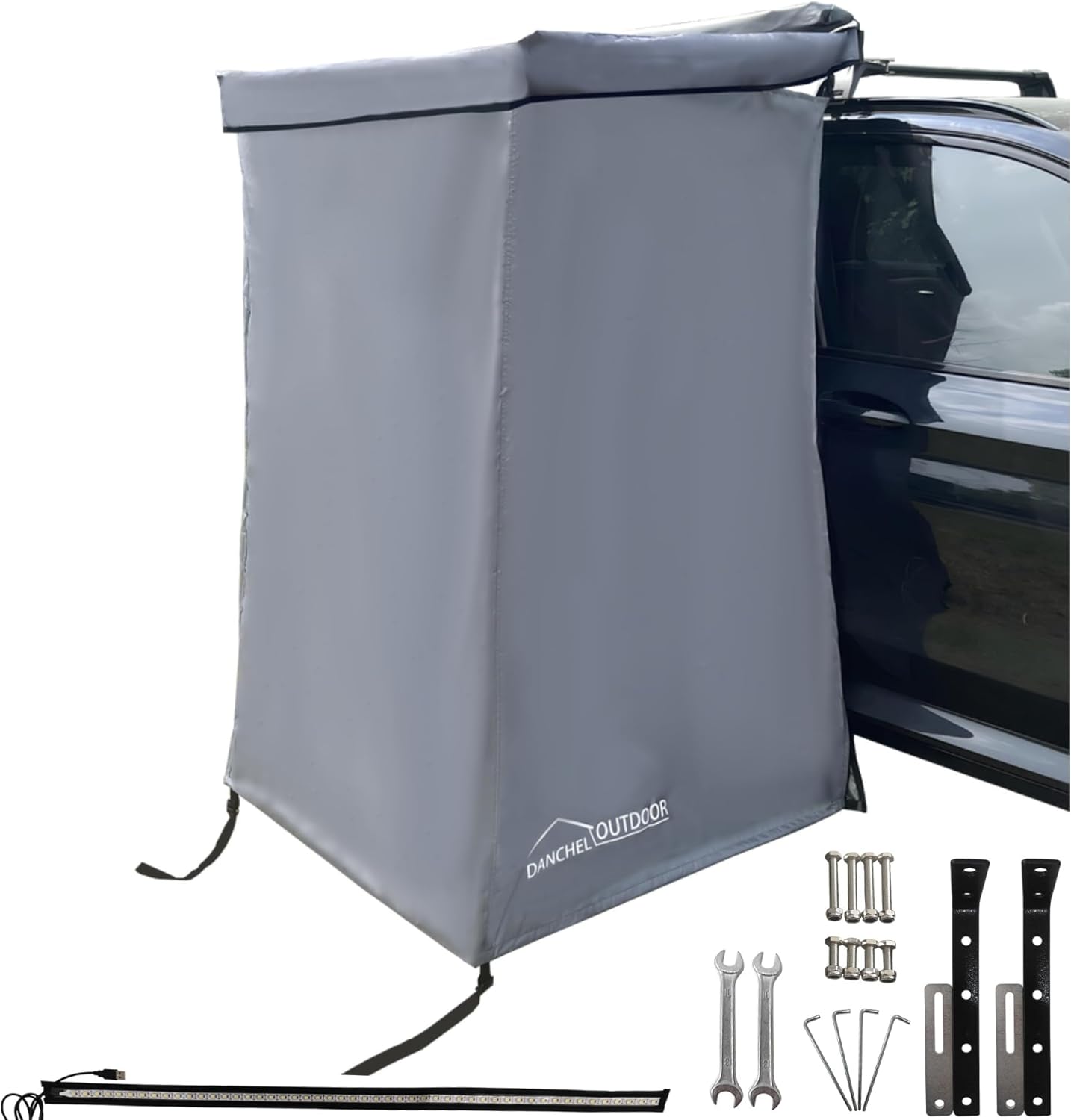 DANCHEL OUTDOOR Car Side Shower Awning with Roof, 3.3x3.3ft Portable Roof Rack Vehicle Shower Privacy Tent Shelter Enclosure Overland Camping Changing Room Bathroom w/LED Light, Gray