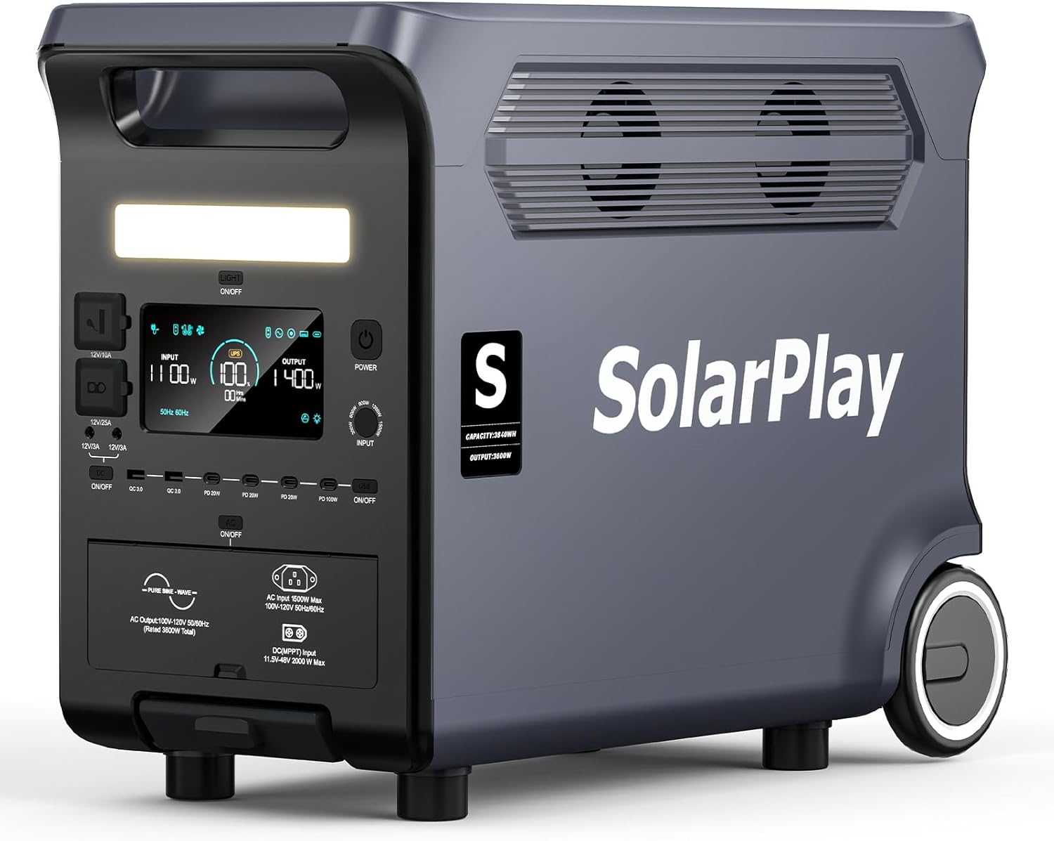 SolarPlay Q3600 Portable Power Station with 400W Solar Panel, 3600W AC Output(Surge 5500W) 3840Wh LiFePO4 Battery Solar Generator, Essential Home Backup for Home Use, Power Outages, RV, Camping