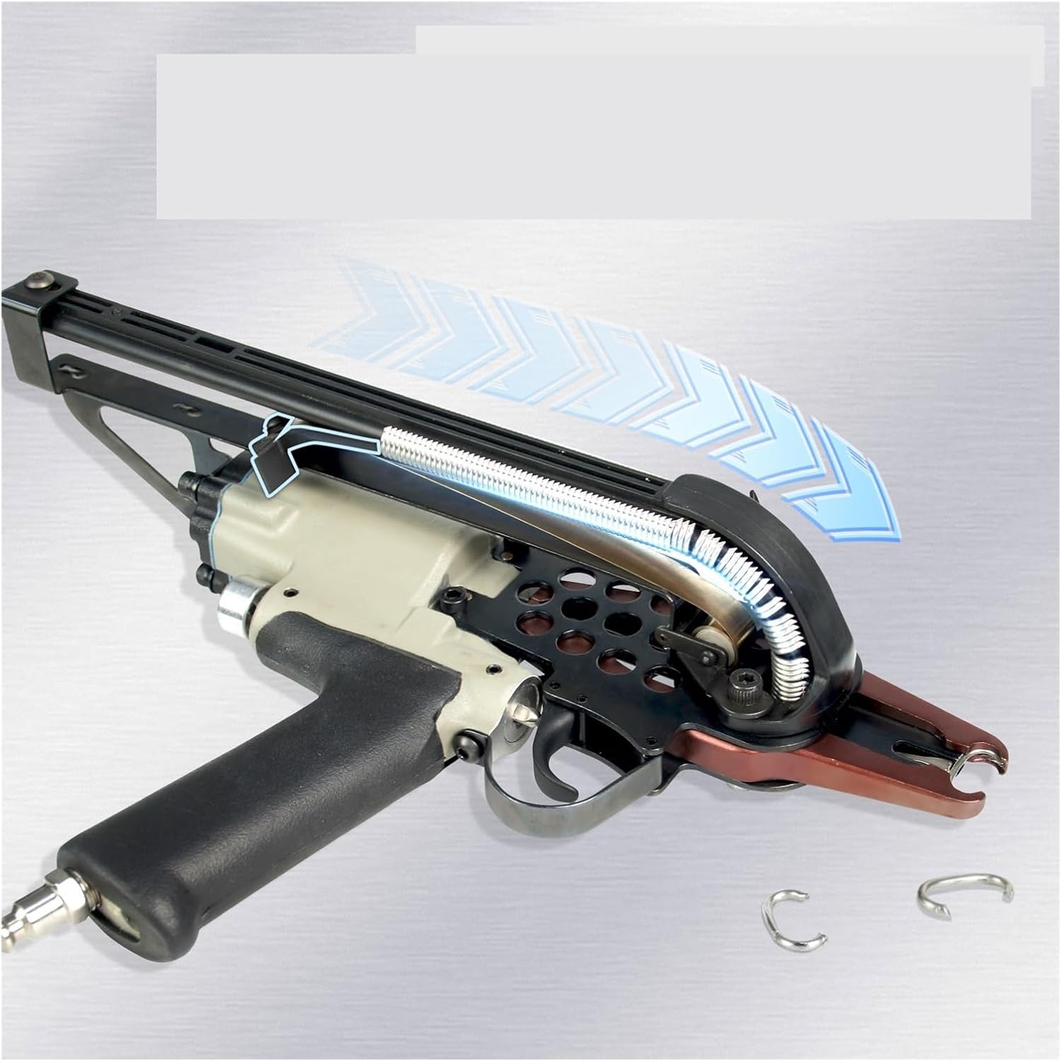 Pneumatic Nail Gun, Pneumatic Hog Ring Gun with Slim Long Nose, Fits 19mm Crown Hog Ring Staples, for Wire Cages, Fencing for Floor, Truss, and Roof