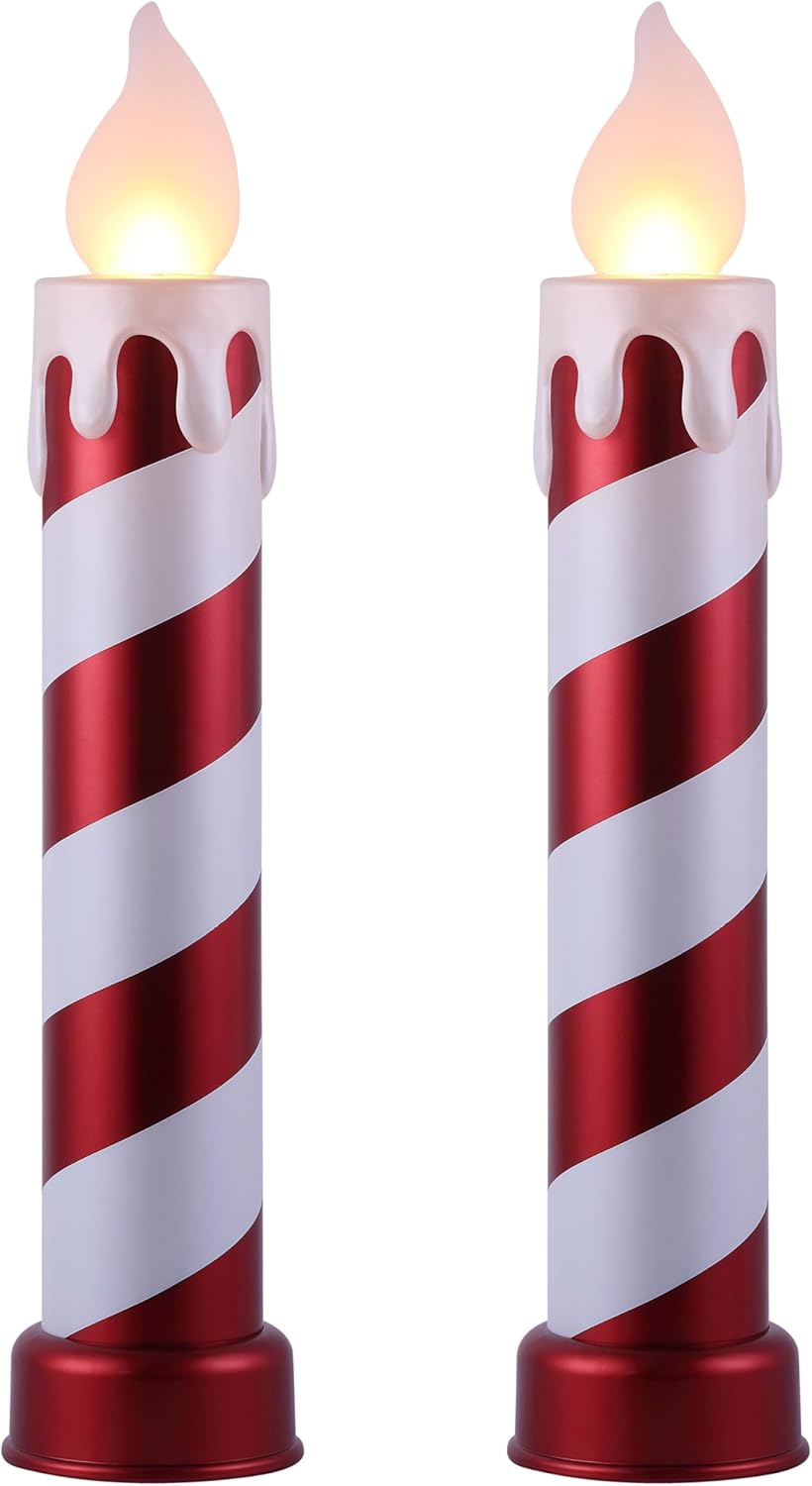 Mr. Christmas 36 in Red and White Striped Metallic Blow Mold Candles – Set of 2 Vintage-Inspired LED Christmas Decorations for Indoor or Outdoor Display