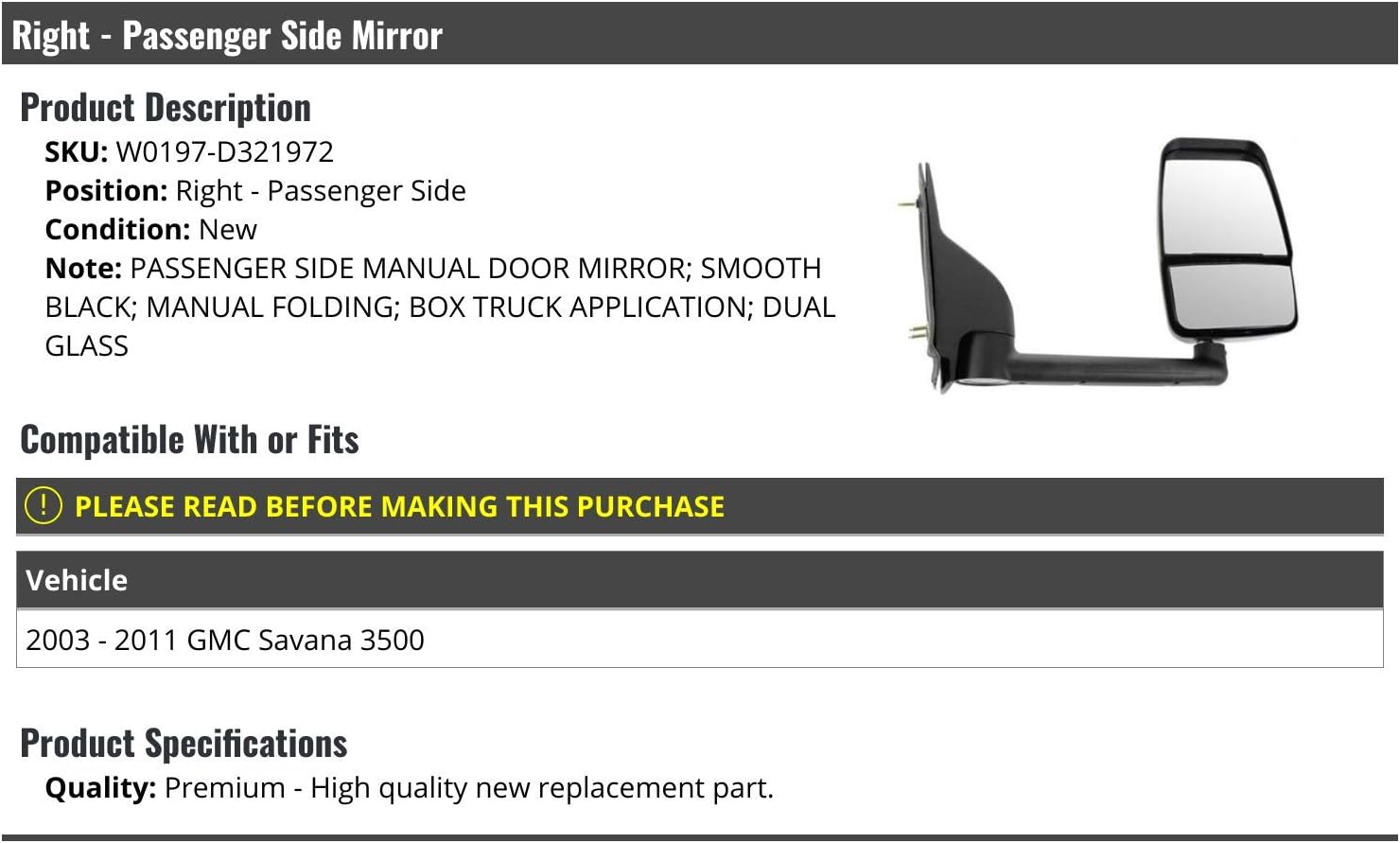Right Passenger Side Manual Mirror - Dual Glass - Smooth Black - Box Truck Application - Manual Folding - Compatible with 2003-2011 GMC Savana 3500