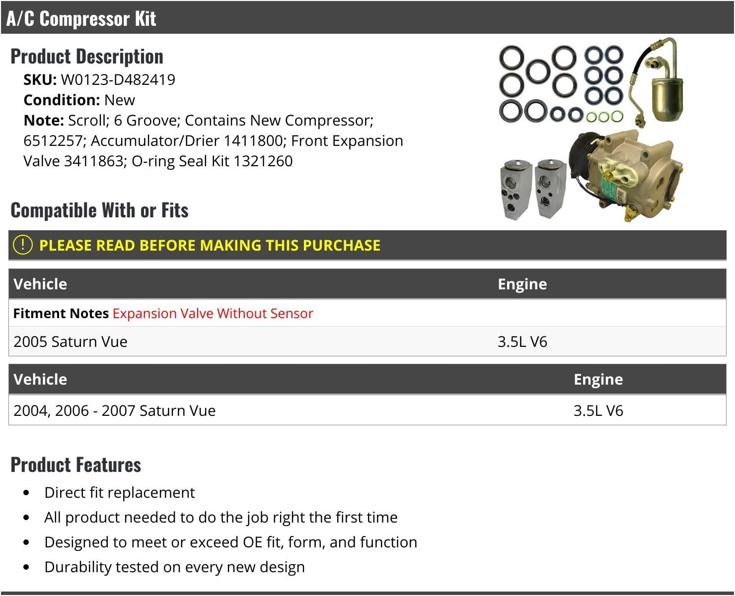 A/C Compressor Kit - Compatible with 2004-2007 Saturn Vue 3.5L V6