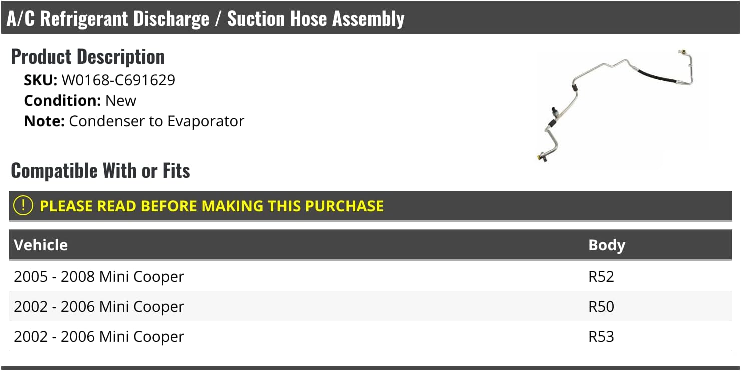 AC Discharge/Suction Hose Assembly - Condenser to Evaporator - Compatible with 2002-2008 Mini Cooper