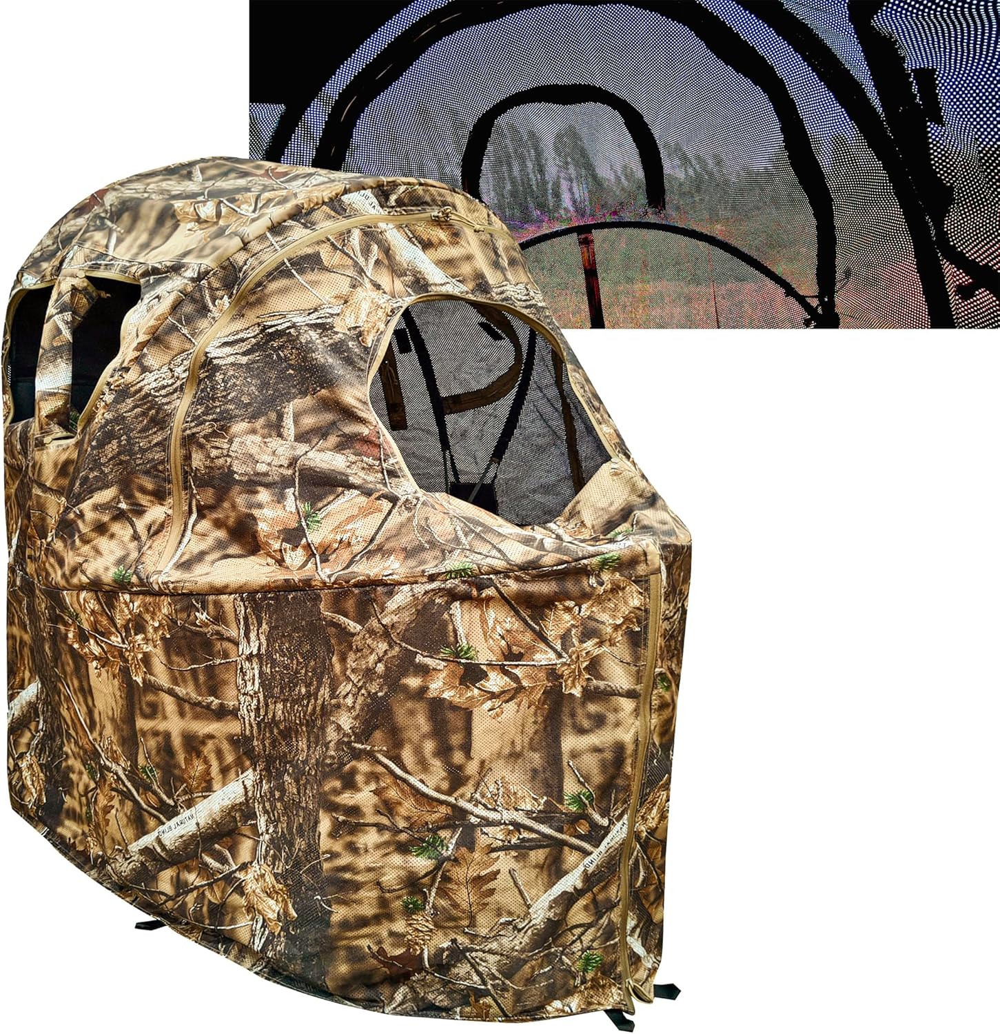 See-Through Hunting Ground Blind with Built-in Chair for Deer Hunting - 1 Person Pop-Up Camouflage Tent