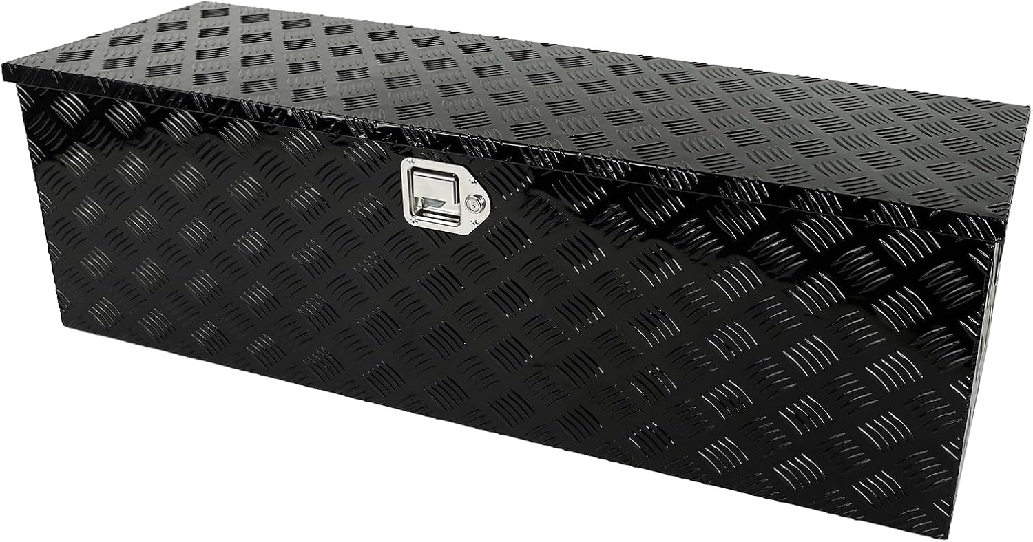 Heavy Duty Aluminum Stripes Plated Truck Tool Box, Waterproof Storage Organizer with Side Handle, Lock and Keys, 20×12×9.5 Inch Tool Chest for Pick up, Truck Bed, ATV, RV, Trailer（Black）