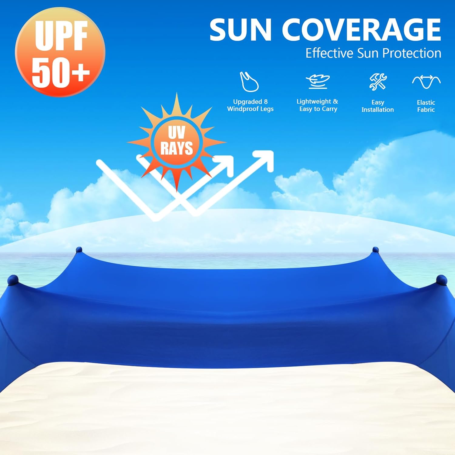 Beach Tent Sun Shelter, 10 x 10 FT Beach Canopy Tent Sun Shade Heavy Duty, UPF50+ Beach Tent Canopy with 8 Sandbags & 4 Stability Poles, Outdoor Beach Shade Canopy for Camping and Fishing, Blue