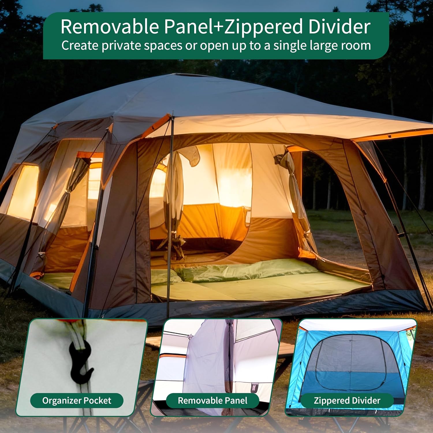 Large Family Camping Tent - 5-12 Person Multi-Room Waterproof Pop-Up Tent with Screened Porch - Glamping Tent for Outdoor Camping & Family Vacation