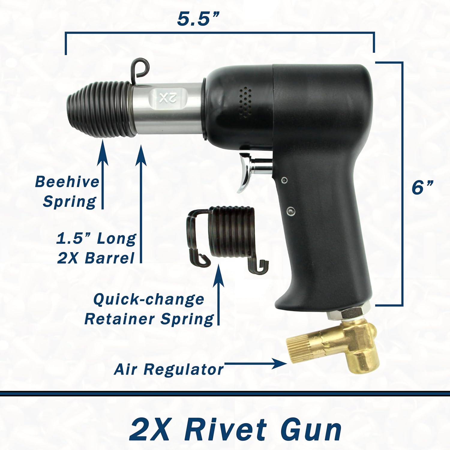 2X Pneumatic Rivet Gun for Solid Rivets, 1/8 inch Rivet Capacity, Aircraft & Automotive Use