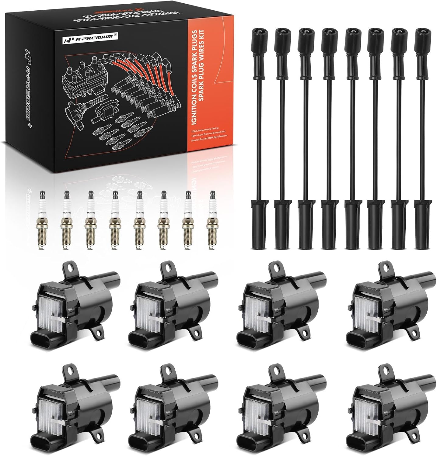 A-Premium 8 Ignition Coils with 8 Wire and 8 Iridium Spark Plugs Compatible with Chevrolet Silverado 1500/2500/3500 HD Classic, Tahoe, Suburban 1500, Avalanche & GMC Sierra, Yukon & Cadillac Escalade