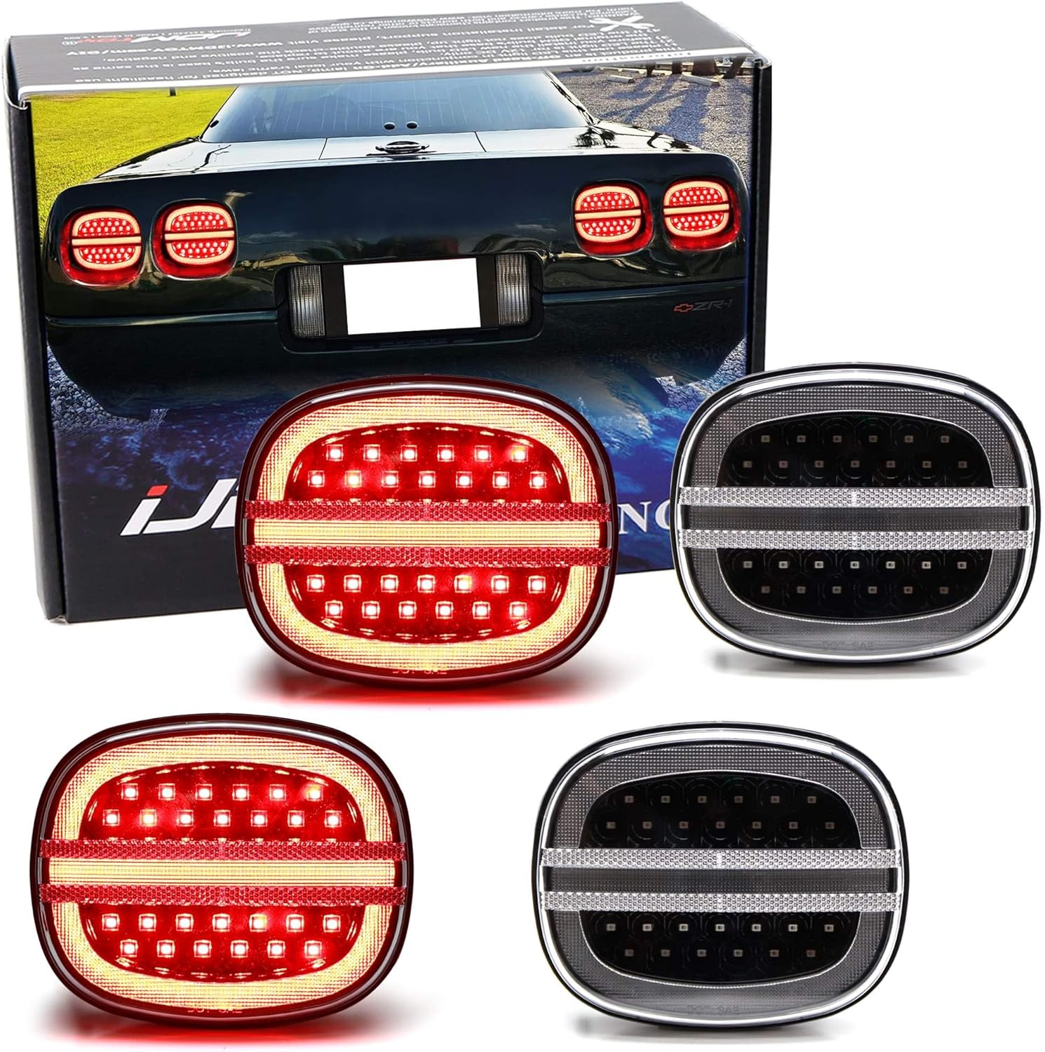 iJDMTOY 4pc Set Clear Lens w/Euro Black-Out Interior Full LED Halo Vette Tail Lamp Assemblies w/Hyper Flash Bypass Harness, Compatible With Chevrolet 1990-1996 C4 Corvette