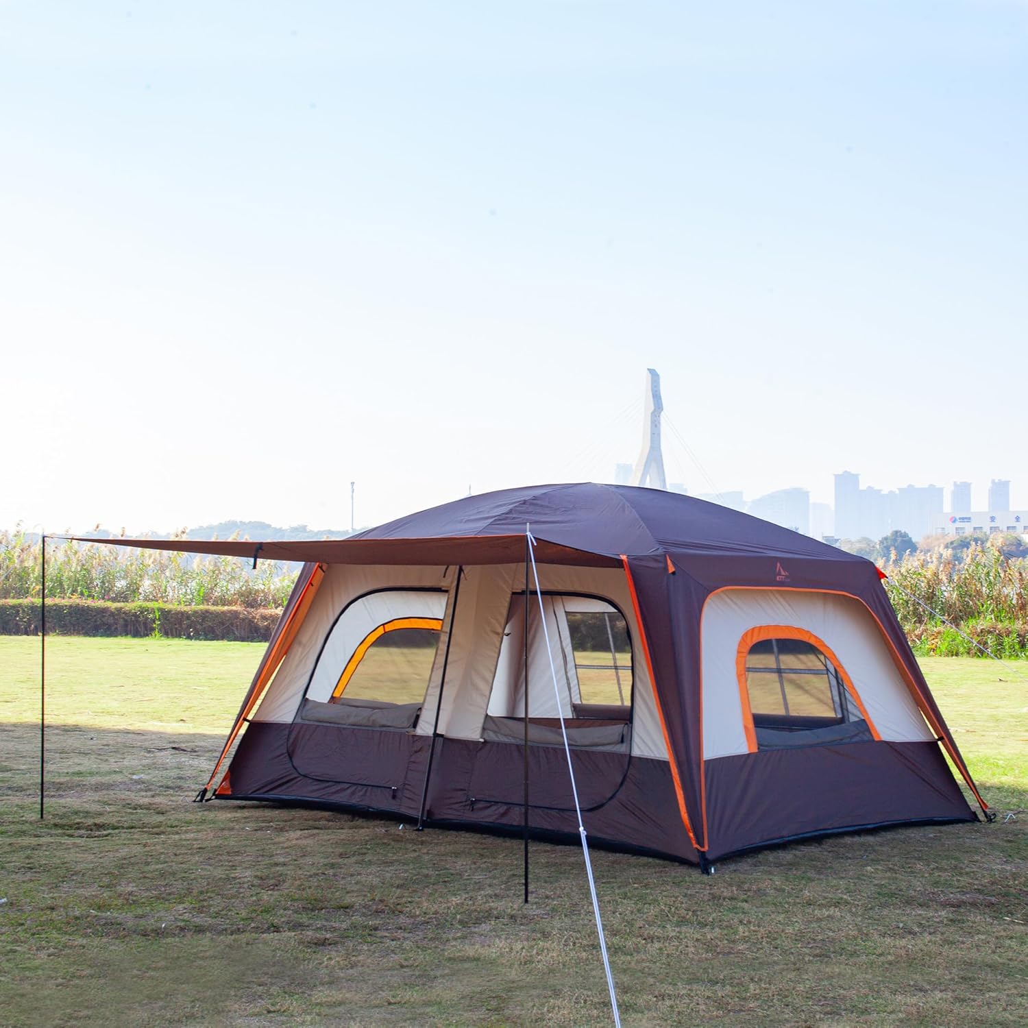 KTT Large Family Cabin Tent 10-12 Person,14.1X10X6.58ft,2 Rooms,3 Storage Pockets,2 Bay-Windows 3 Doors and 3 Windows with Mesh,Straight Wall,Waterproof,Double Layer,Big Tent for Outdoor,Camping