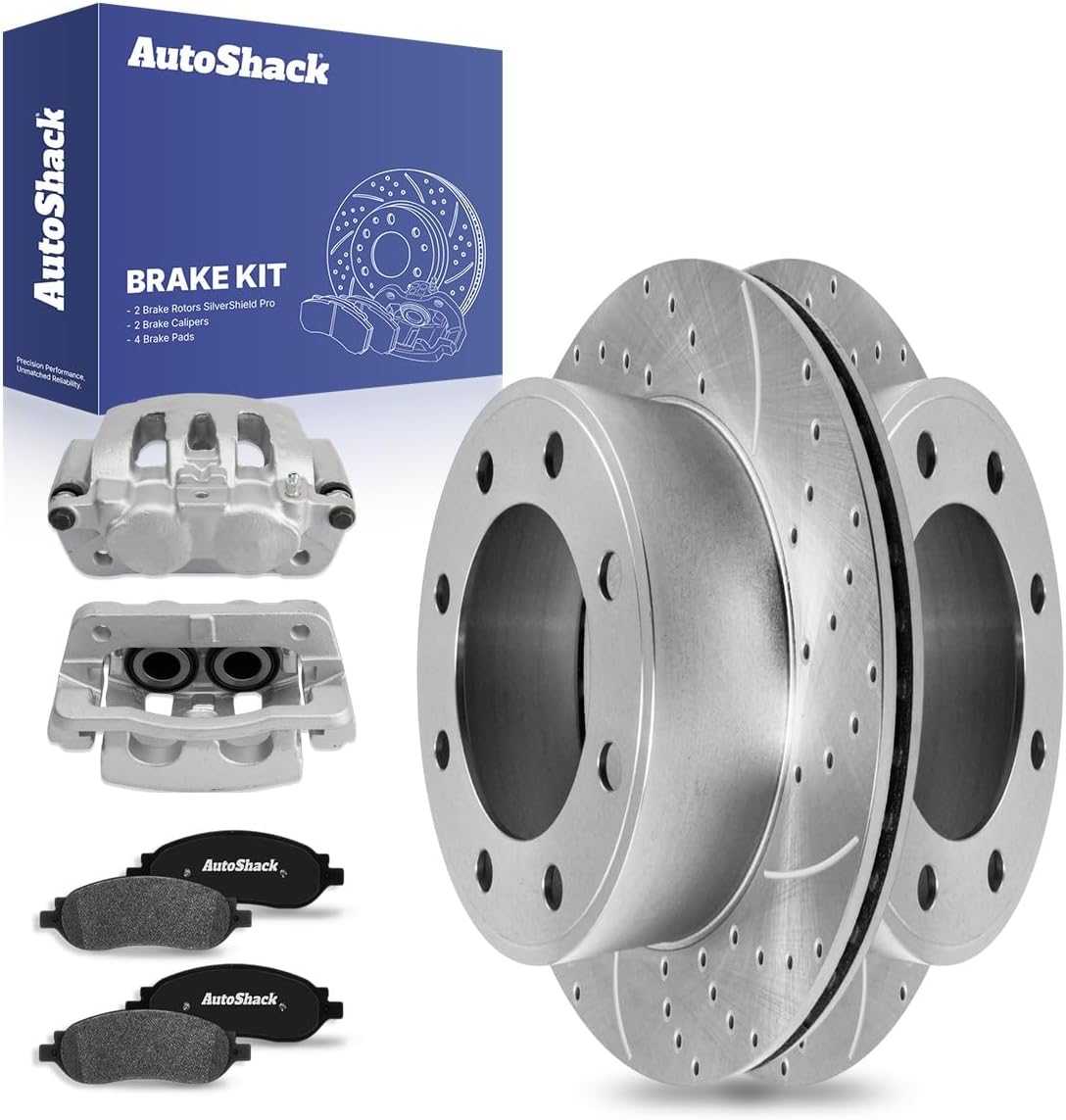 AutoShack Rear Drilled & Slotted Brake Rotors Ceramic Brake Pads Calipers | Replacement for 2005-2007 Ford F-250 Super Duty | Zinc Coated | 8-PC Brake Kit | SilverShield Pro