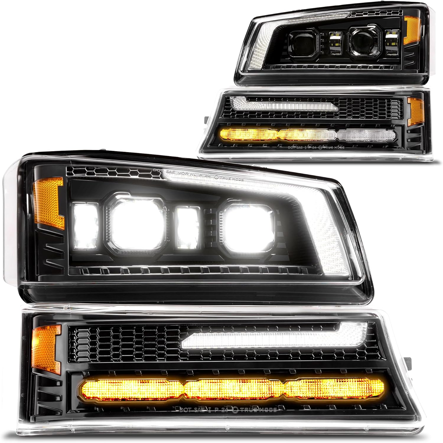 TRUE MODS Full LED Headlight Assembly Replacement for Chevrolet 2003-2006 Chevy Silverado Cateye 1500 2500 3500 HD 03-06 Avalanche 1500 2500HD [DOT] DRL Amber Sequential Turn Signal Projector Headlamp
