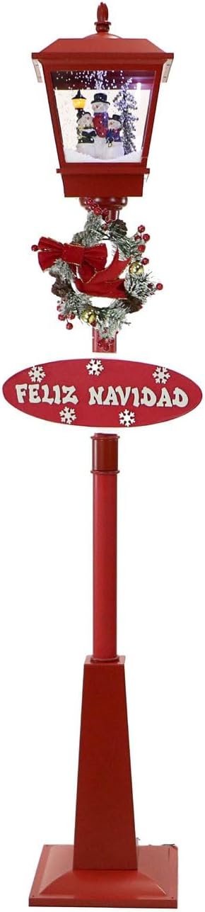 Fraser Hill Farm 71-in Musical Snowy Christmas Street Lamp in Red with Snowman Family Scene, Cascading Snow, and Music, Lighted Holiday Decoration, Winter Décor for Living Room & Foyer