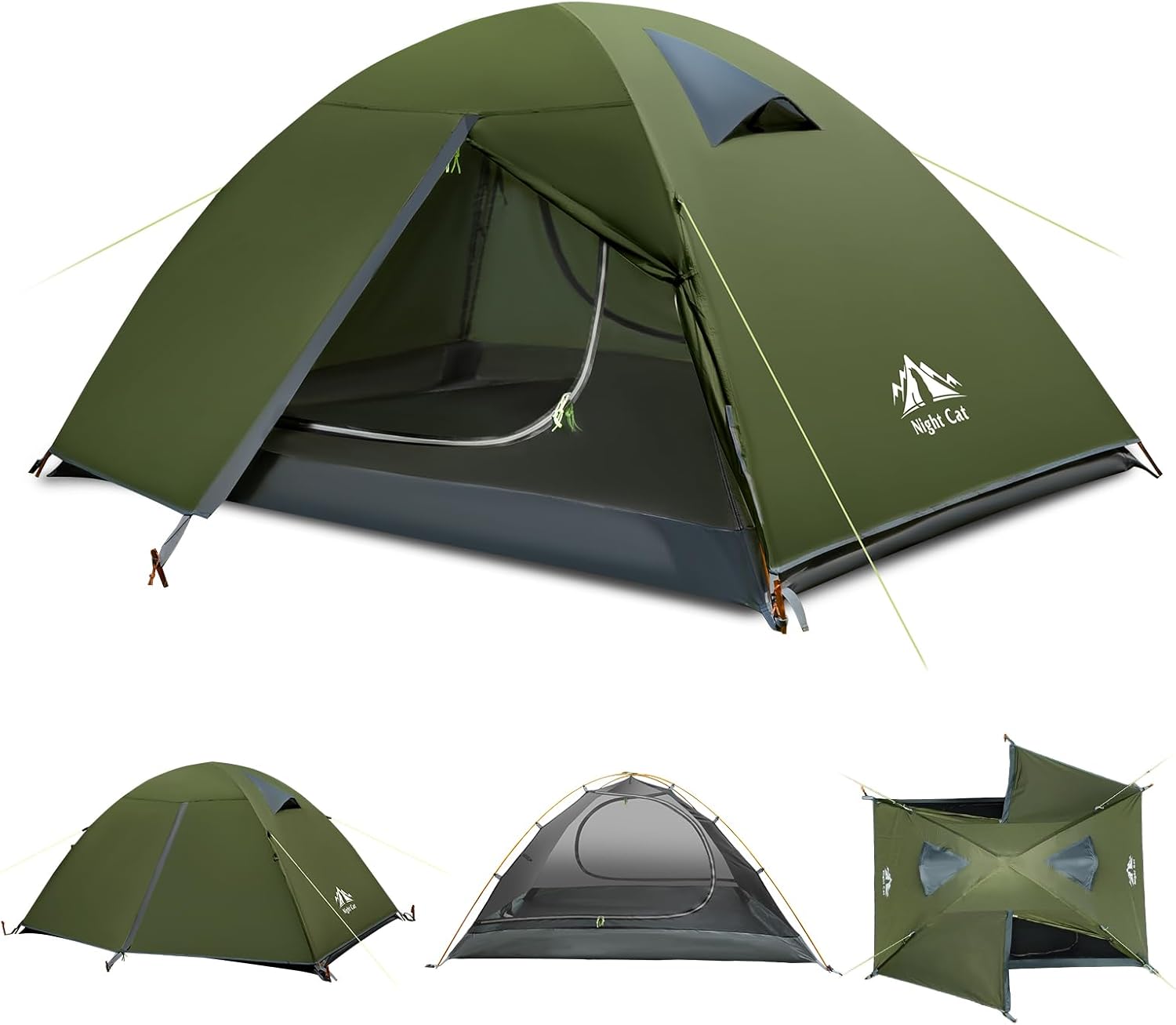 Night Cat 2-Persons Backpacking Tent: Waterproof Lightweight Camping Tent for Two People Hiking Outdoor Mountain with Aluminum Poles and Rainfly Army Green