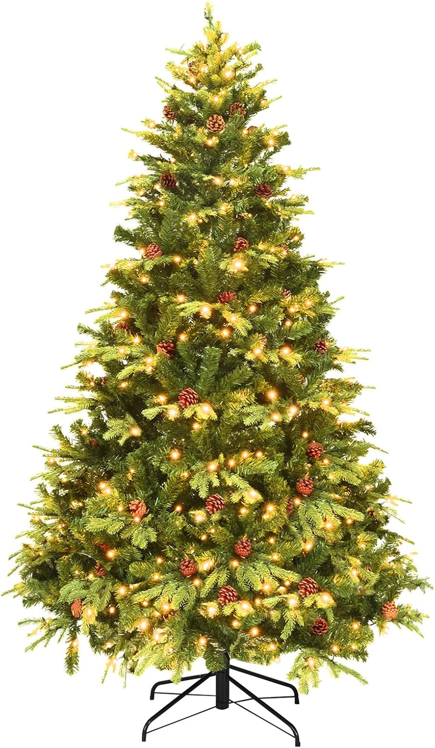 Goplus 7FT Pre-Lit Christmas Tree, Artificial Spruce Hinged Tree w/ 460 LED Lights and Pine Cones, Xmas Tree for Indoor Decor