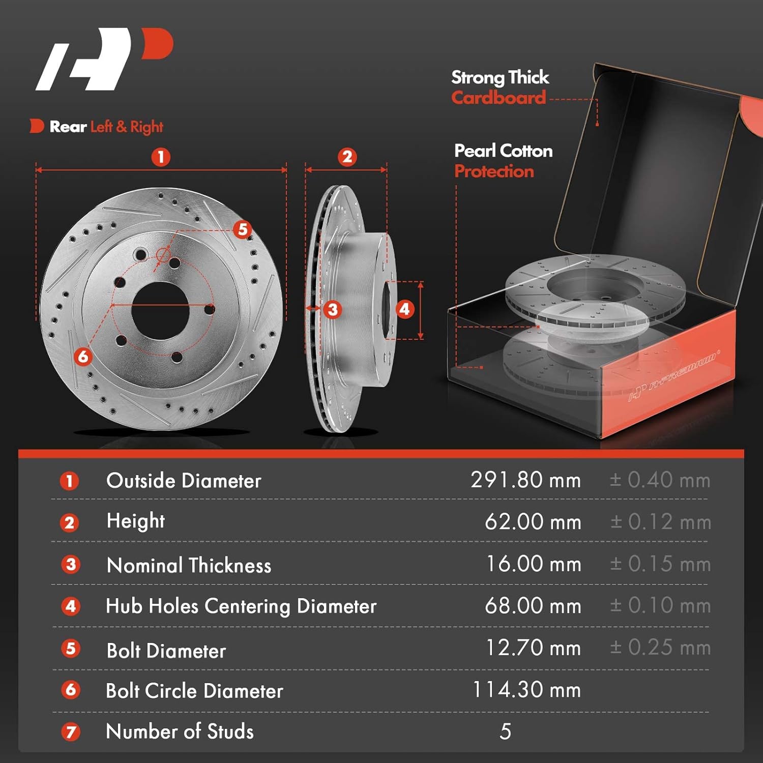 A-Premium 11.49 inch(291.85mm) Rear Drilled & Slotted Disc Brake Rotors + Ceramic Pads Kit Compatible with Select Nissan and Infiniti Models - G35, 350Z, Juke, LEAF, Rogue, Rogue Select/Sport, X-Trail