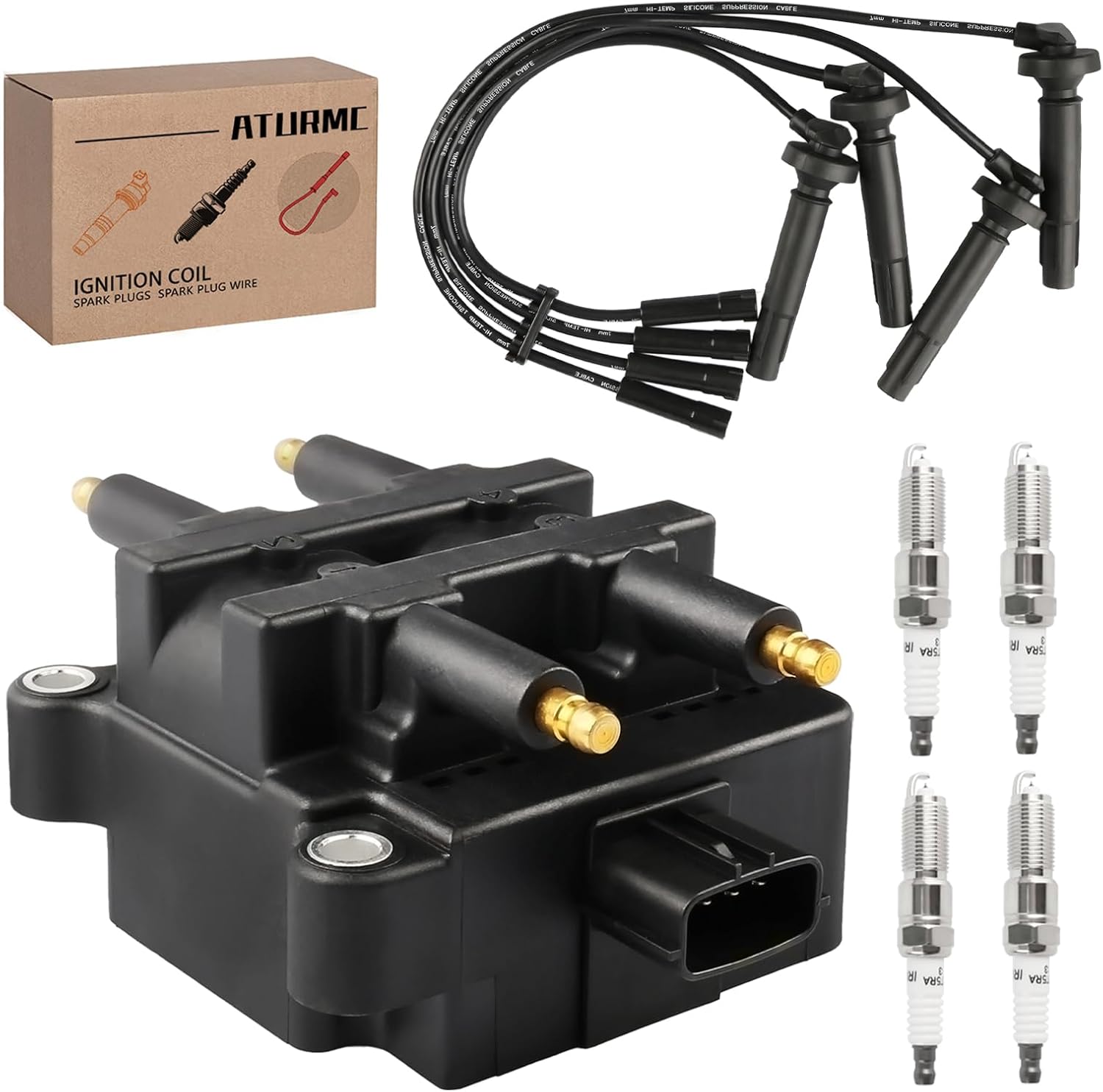 Set of 1 Ignition Coils Pack UF240 22433AA570 with 4 Iridium Spark Plugs and Spark plug Wire Set Compatible with 1999-2004 Subaru Forester Outback Subaru Legacy Impreza 2003-2006 Baja H4 2.5L