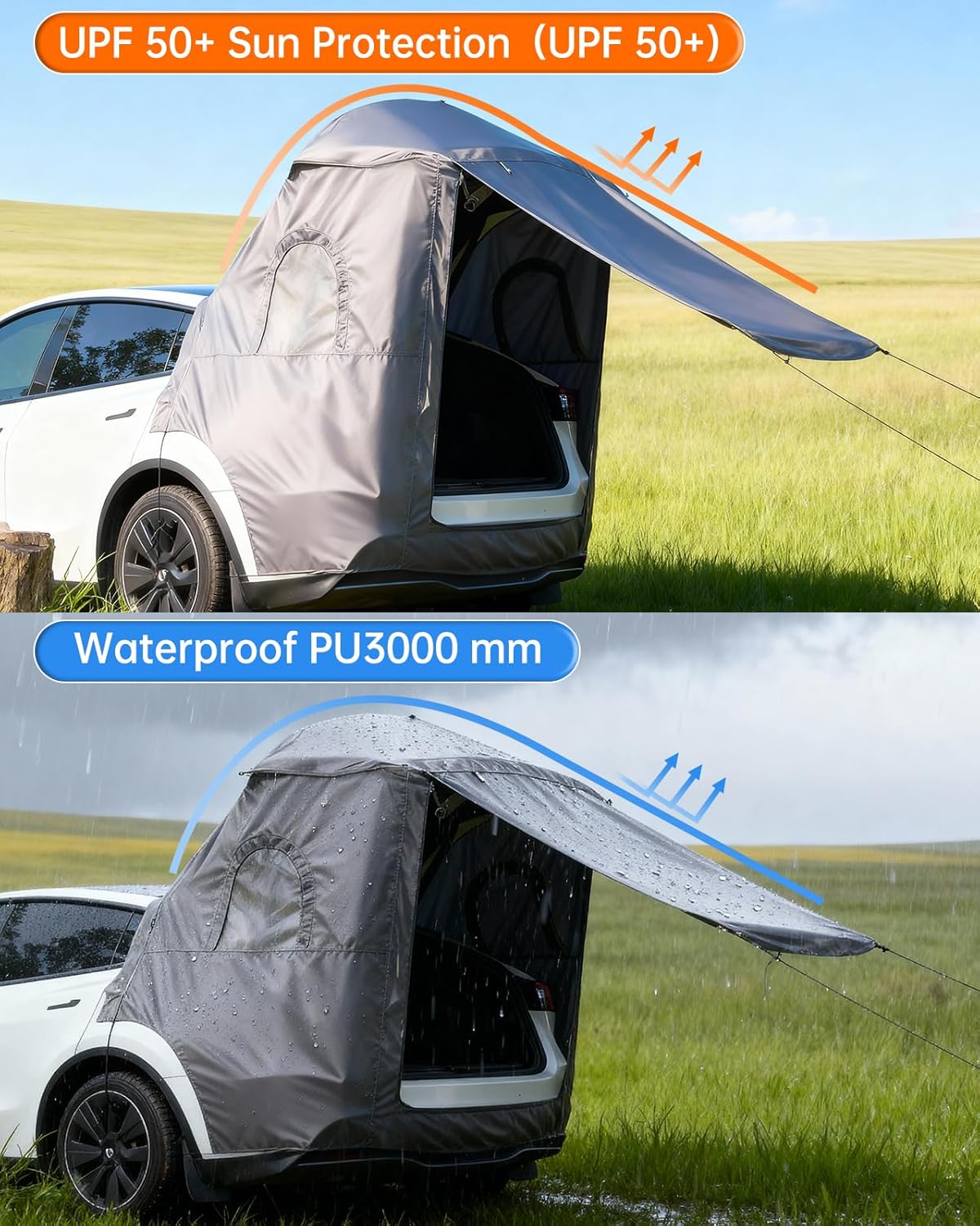 Camping Tent for Tesla Model Y 2020-2025 Accessories [UPF50+ & Waterproof PU 3000mm] 420D Oxford Fabric Car Tailgate Shade Awning with Screen Net Suitable for 2-4 Person - Grey