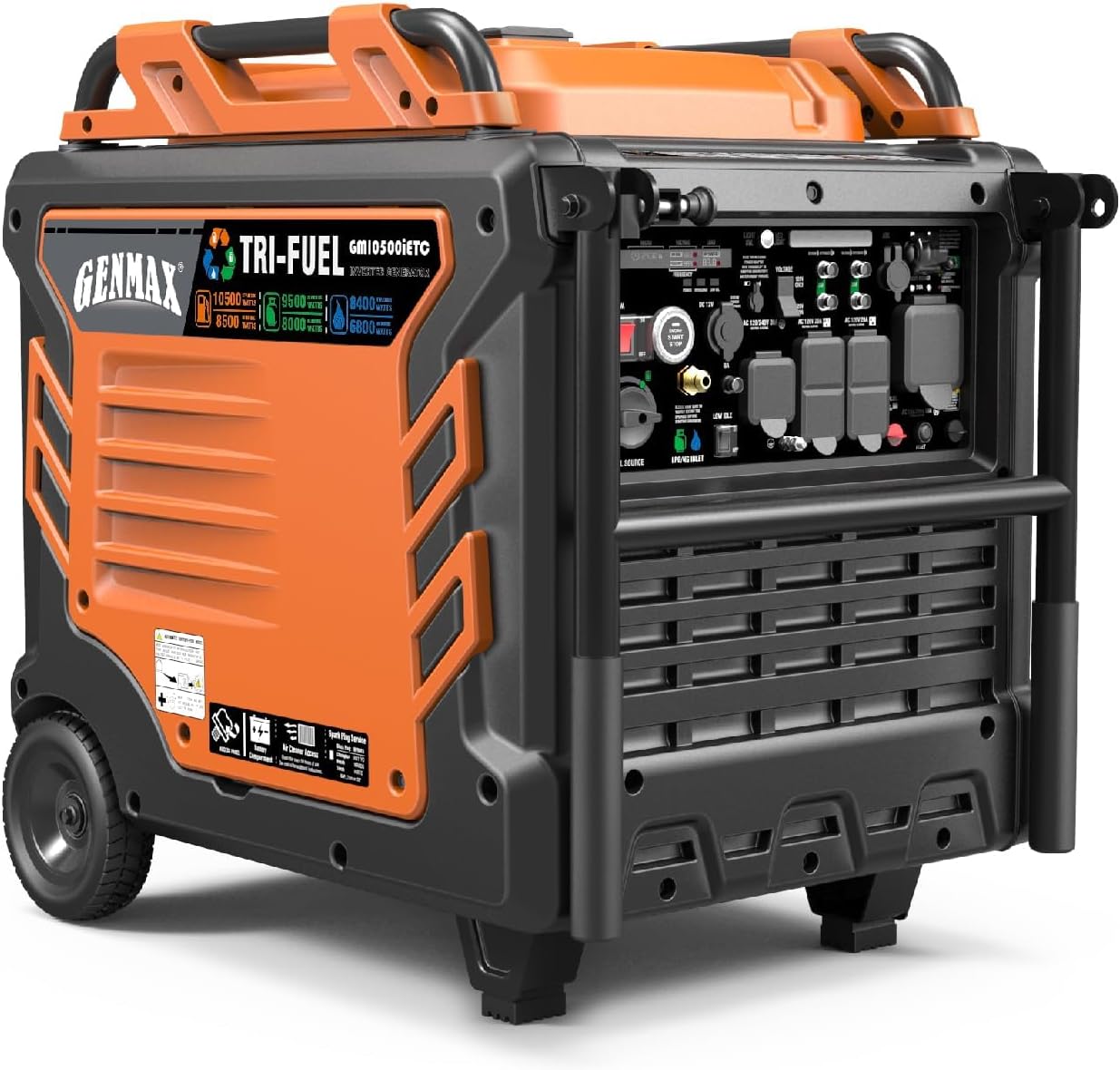 GENMAX 10500 Peak Watt Tri Fuel Open Frame Inverter Generator,with ATS,Quiet Technology,CO Sensor,digital display and 50A,Ideal for Home backup,contruction site and RV Camping (GM10500XiT)