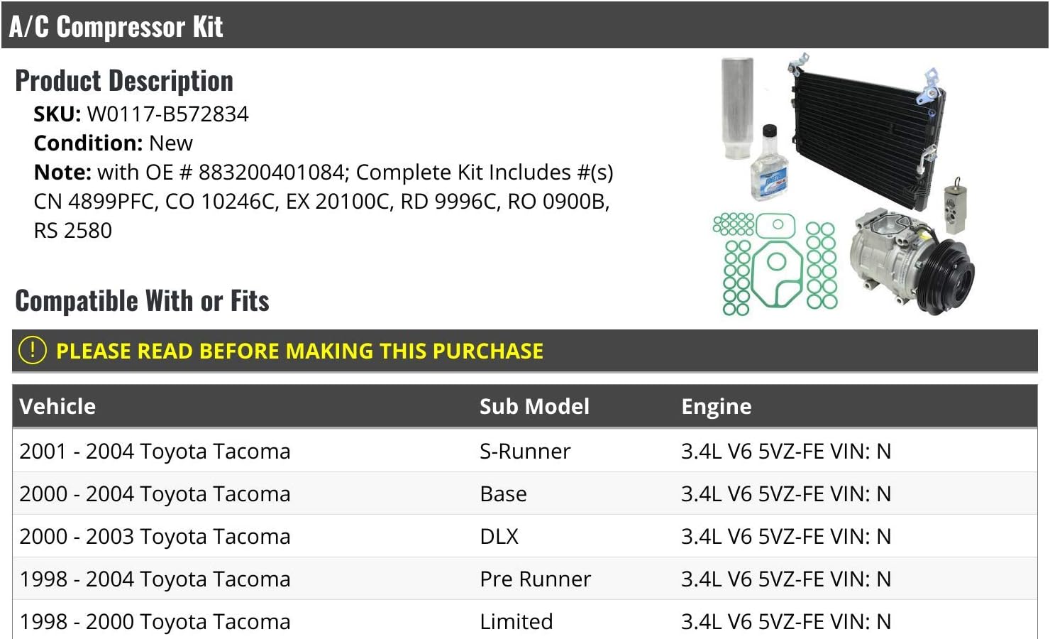 A/C Compressor Kit - with Condenser - Compatible with 1998-2004 Toyota Tacoma 3.4L V6 5VZ-FE VIN N