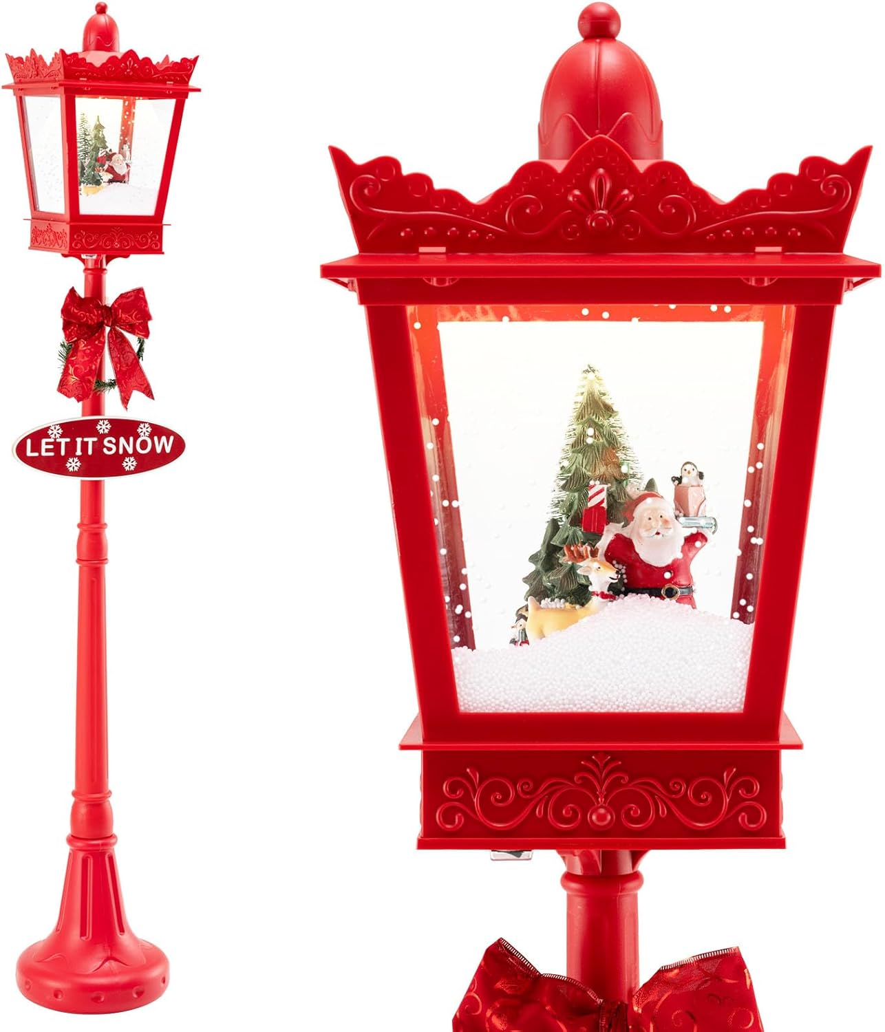 Goplus 8 ft Musical Christmas Street Light, Xmas Lamp Post w/Warm White LED Lights, Snowy Effects, Santa Snowman Scene, Fillable Base, Indoor Outdoor Lighted Holiday Decoration for Home Yard Porch