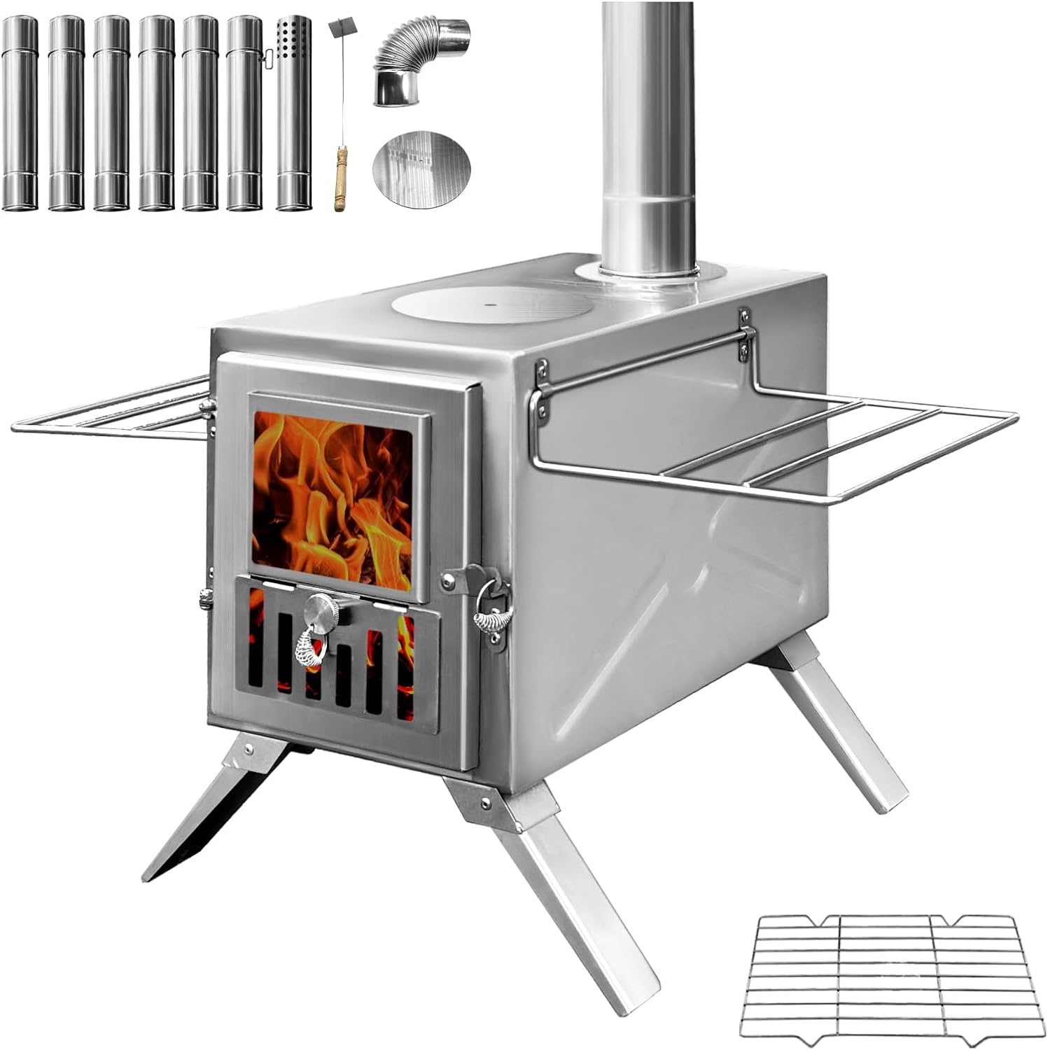 Wood Burning Stove,Portable Camping Stove with Chimney Pipes,Front Window，Side Racks,Mini Wood Stove for Outside Tent,Cookout,Truck Travel and inside Woodcutter's Cottage