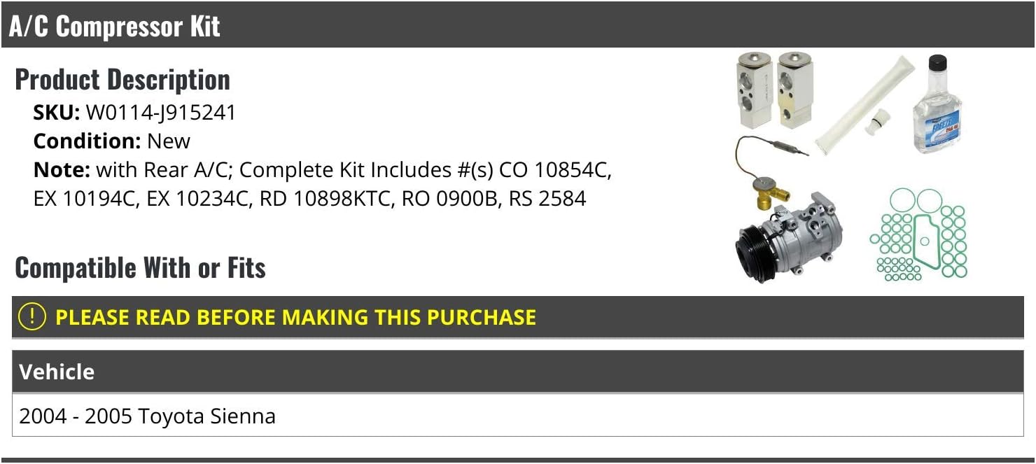 A/C Compressor Kit - Compatible with 2004-2005 Toyota Sienna (with Rear AC)