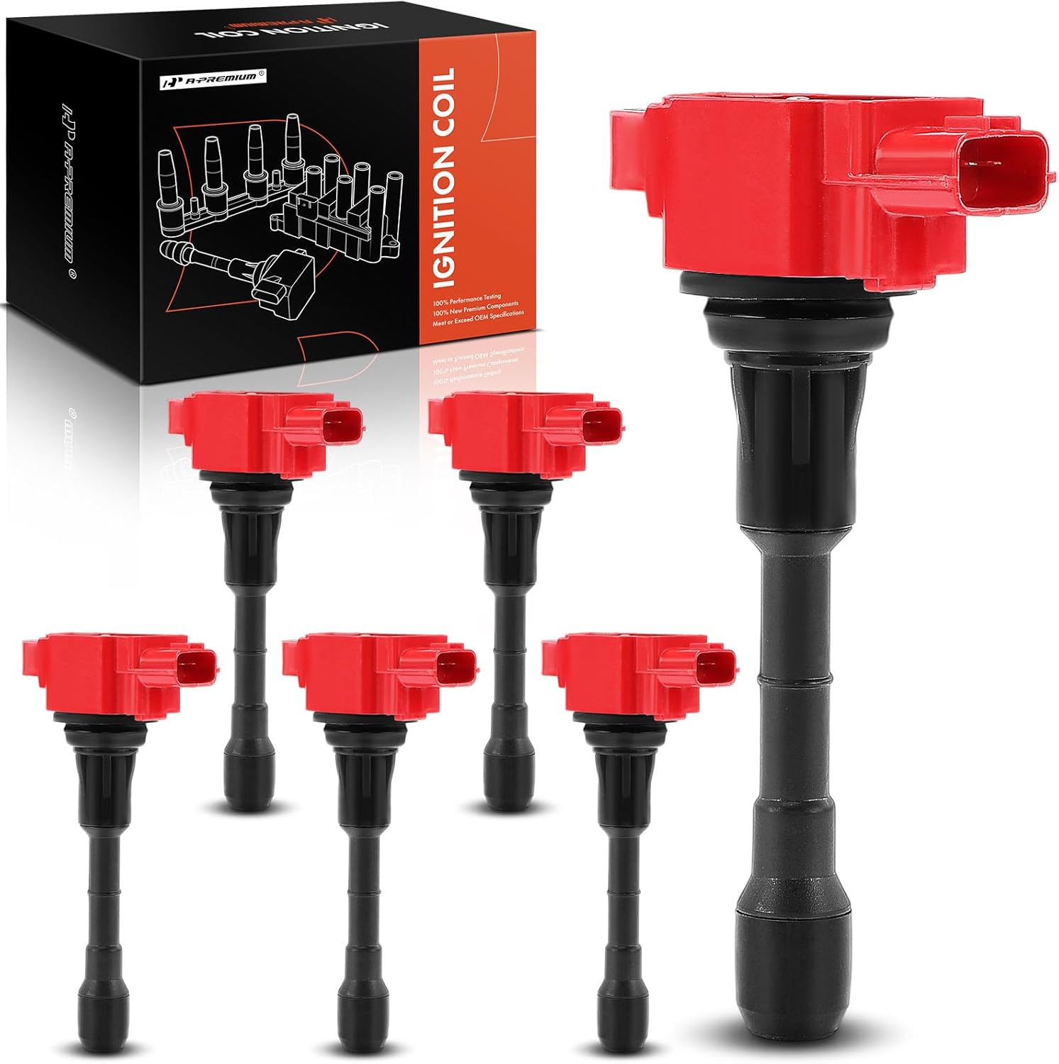 A-Premium (Red) Engine Ignition Coil Pack Compatible with Infiniti Q50 2014-2015, QX50 2014-2017, Q60 2014-2015, G37 2008-2013, QX70 2014-2017, Q70, Q40, EX37, FX37, M37, Q70L & Nissan 370Z, 6-PC Set