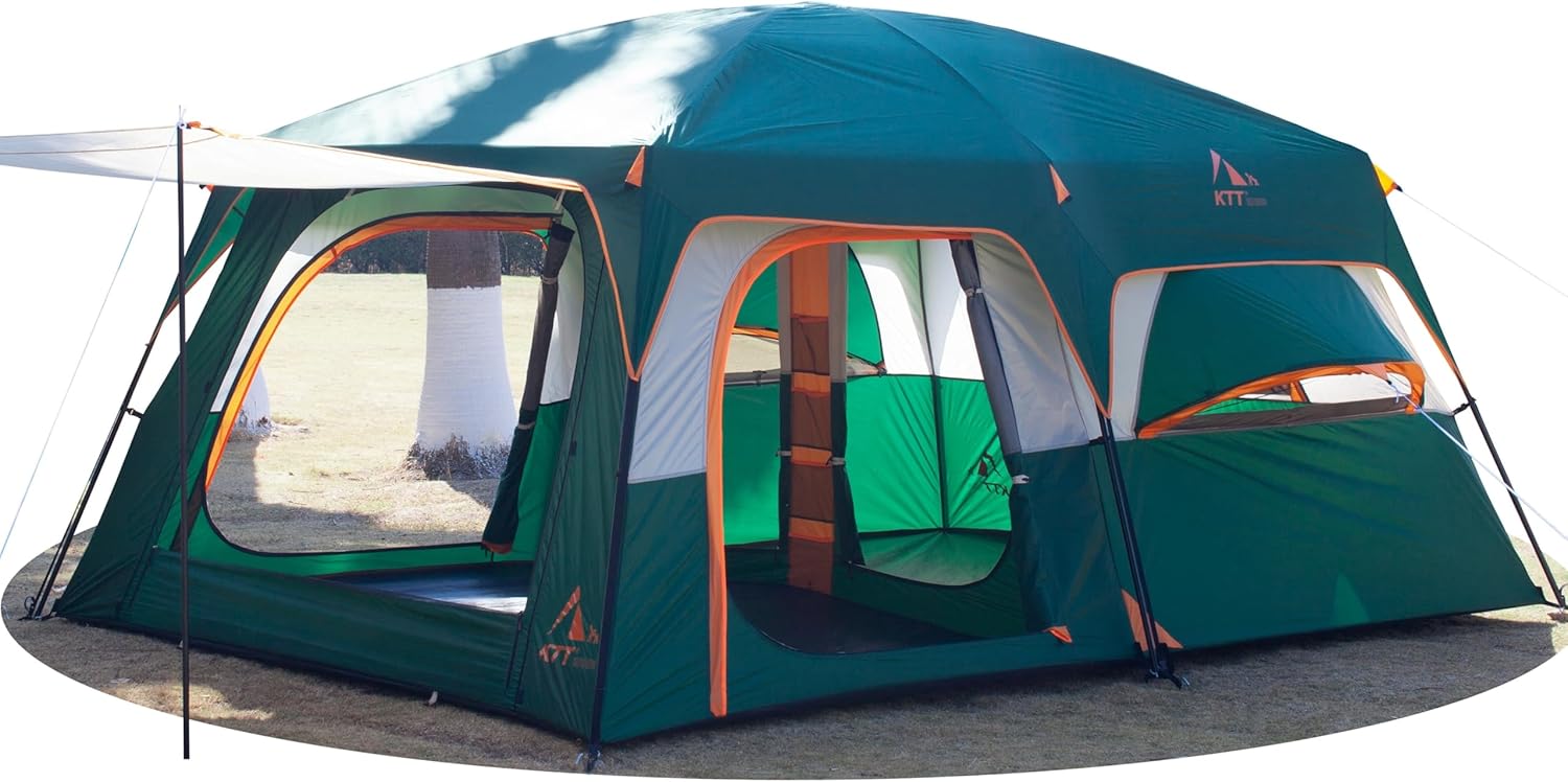 KTT Large Family Cabin Tent 10-12 Person,14.1X10X6.58ft,2 Rooms,3 Storage Pockets,2 Bay-Windows 3 Doors and 3 Windows with Mesh,Straight Wall,Waterproof,Double Layer,Big Tent for Outdoor,Camping