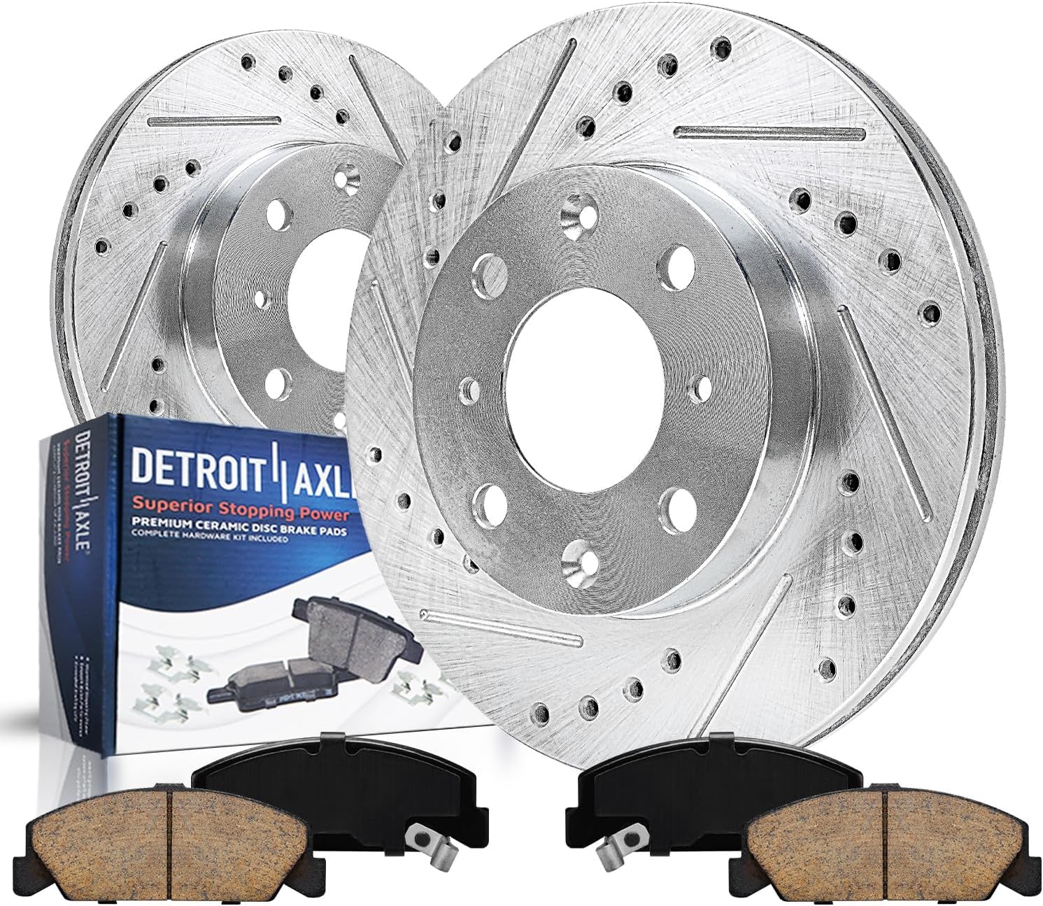 Detroit Axle - Front Brake Kit for 90-00 Honda Civic, 90-91 CRX, Drilled & Slotted Disc Brake Rotors Ceramic Brake Pads 1990 1991 1992 1993 1994 1995 1996 1997 1998 1999 2000 Replacement