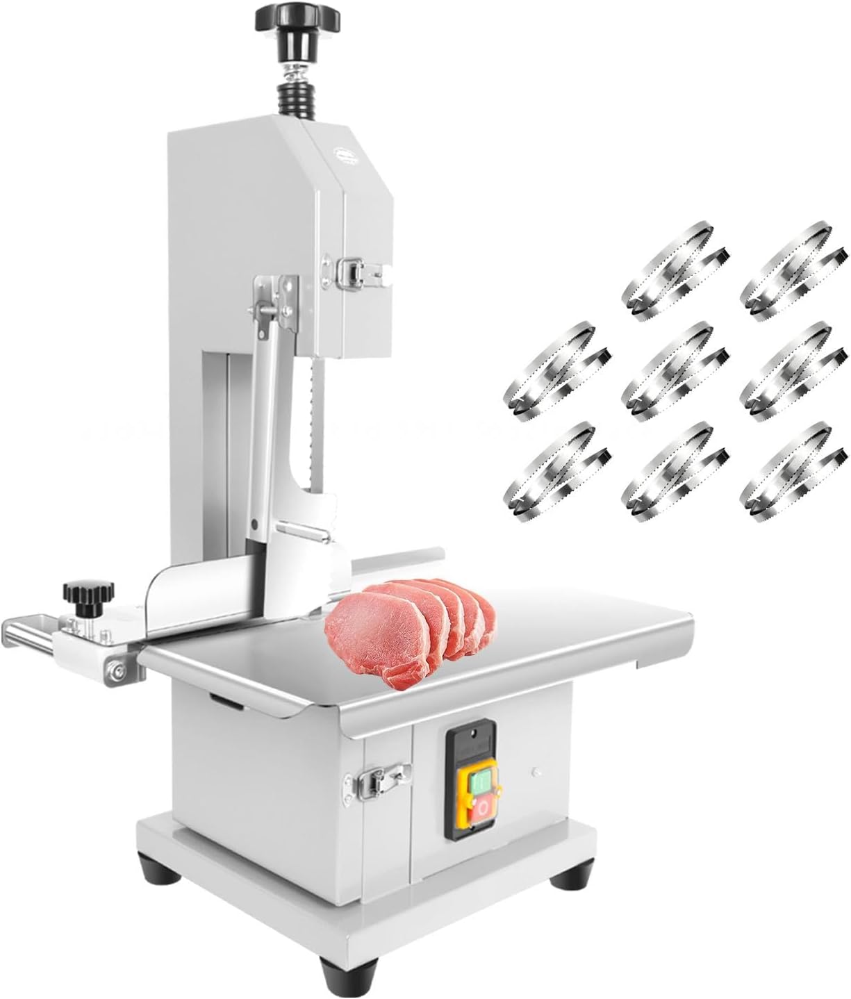 RQR 1000W Commercial Electric Meat Bandsaw, Electric Meat Bone Saw Machine with 0.04-3.9 Inch Adjustable Thickness, Frozen Meat Cutter with 8 Blades for Chicken Pork Beef