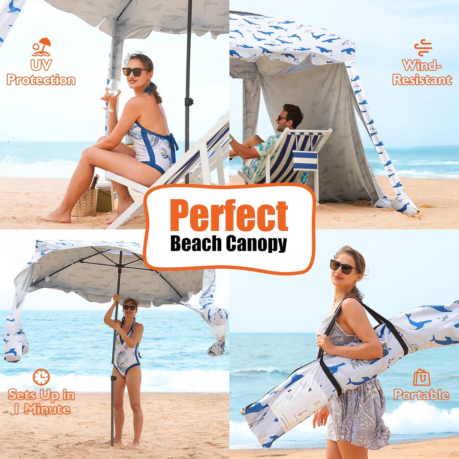 Beach Cabana - 6FT Beach Umbrella with UPF 100+ UV Protection & Sunshade Curtain - Waterproof Tent - Portable Shade, Easy to Set Up, Perfect for Family & Friends (Blue Whale)