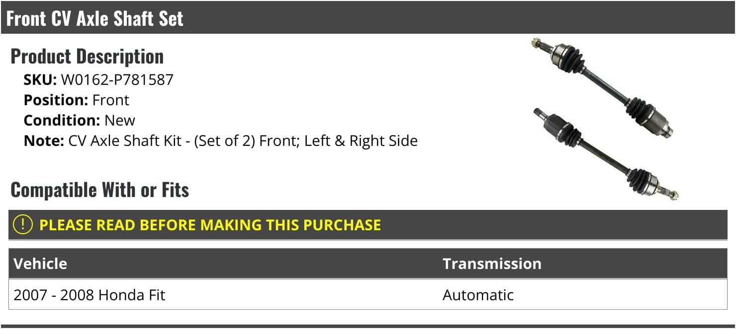 Front CV Axle Shaft Set of 2 - Compatible with 2007-2008 Honda Fit (Automatic Transmission)