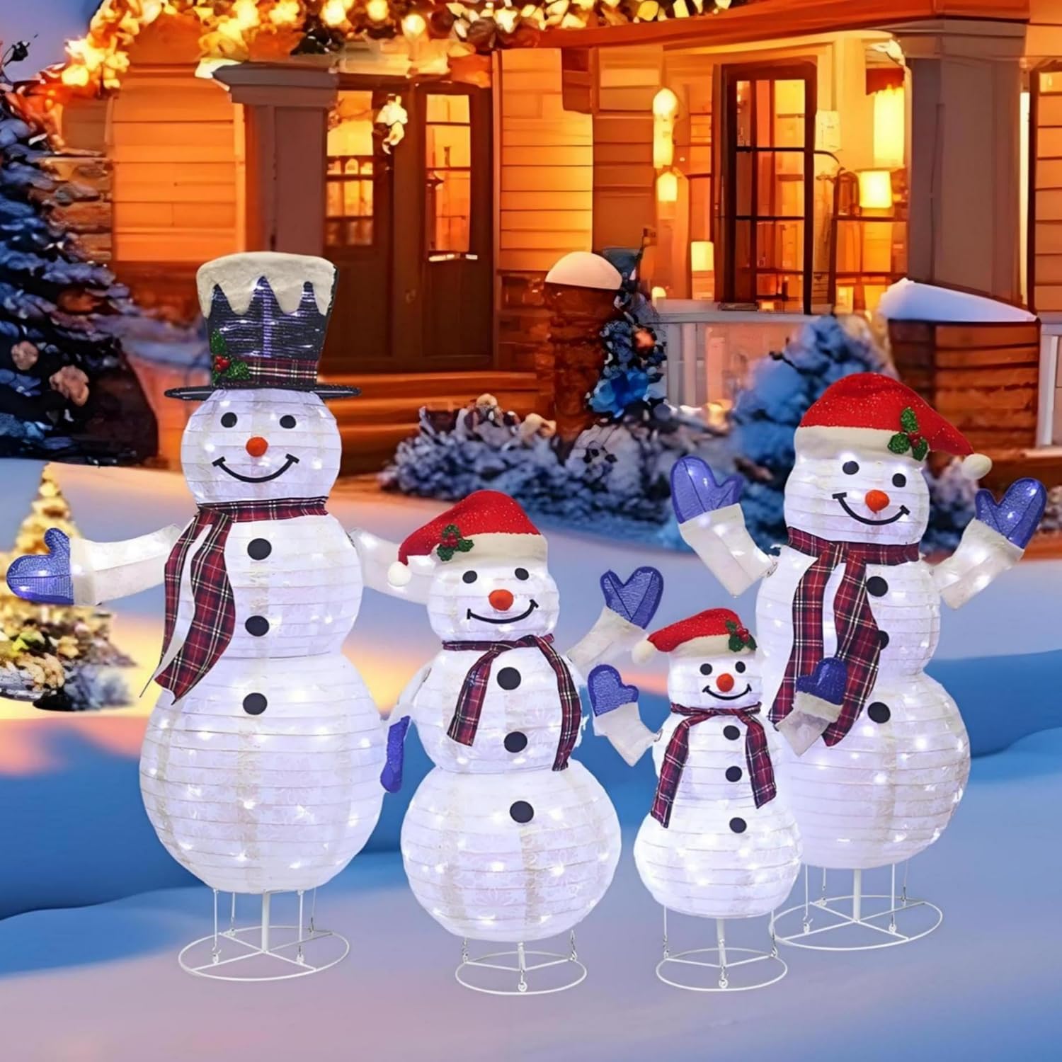 4-Piece 3D Outdoor Snowman Decorations Lighted Christmas Yard Decorations Collapsible Snowmen Yard Decor for Yard Patio with LED Lights & Stakes