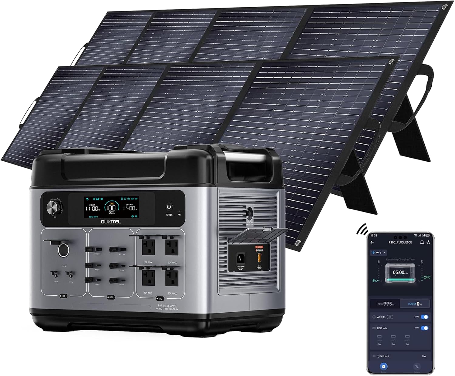 OUKITEL P2001 Plus 2400W Solar Generator with 2x200W Solar Panels, 2048Wh Solar power station, 1800W Fast Charging, Smart APP Control Emergency Power Station for Home, Camping, Outdoor Battery Backup