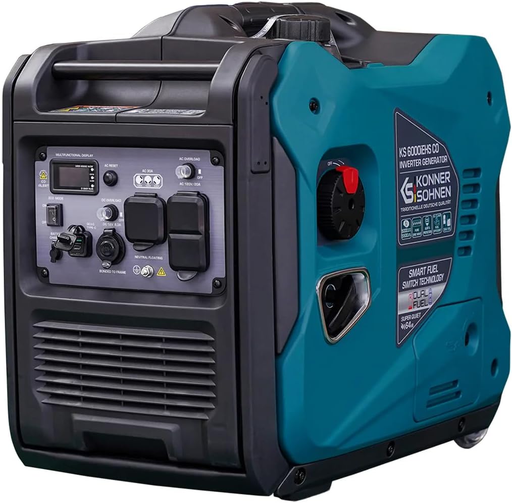 Konner&Sohnen Dual Fuel Inverter Generator - 5500W, 120/240V, Portable and Lightweight, Super Quiet with CO Sensor and Fuel-Efficient Technology, Gas & LPG Powered (German brand,model:KS 6000iEHS CO)