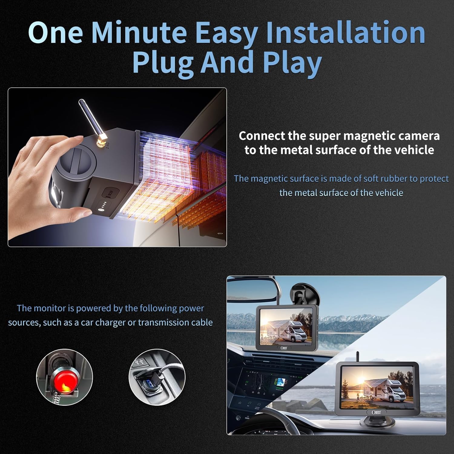 OBEST Magnetic Solar Wireless Backup Camera for Truck: 1Min Installation 1080P DVR 5