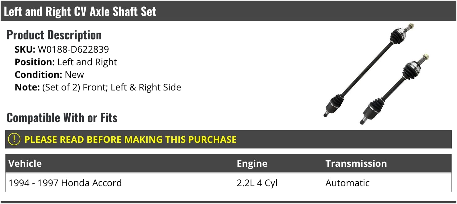Front CV Axle Shaft - Set of 2 - Compatible with 1994-1997 Honda Accord 2.2L 4-Cylinder Automatic Transmission