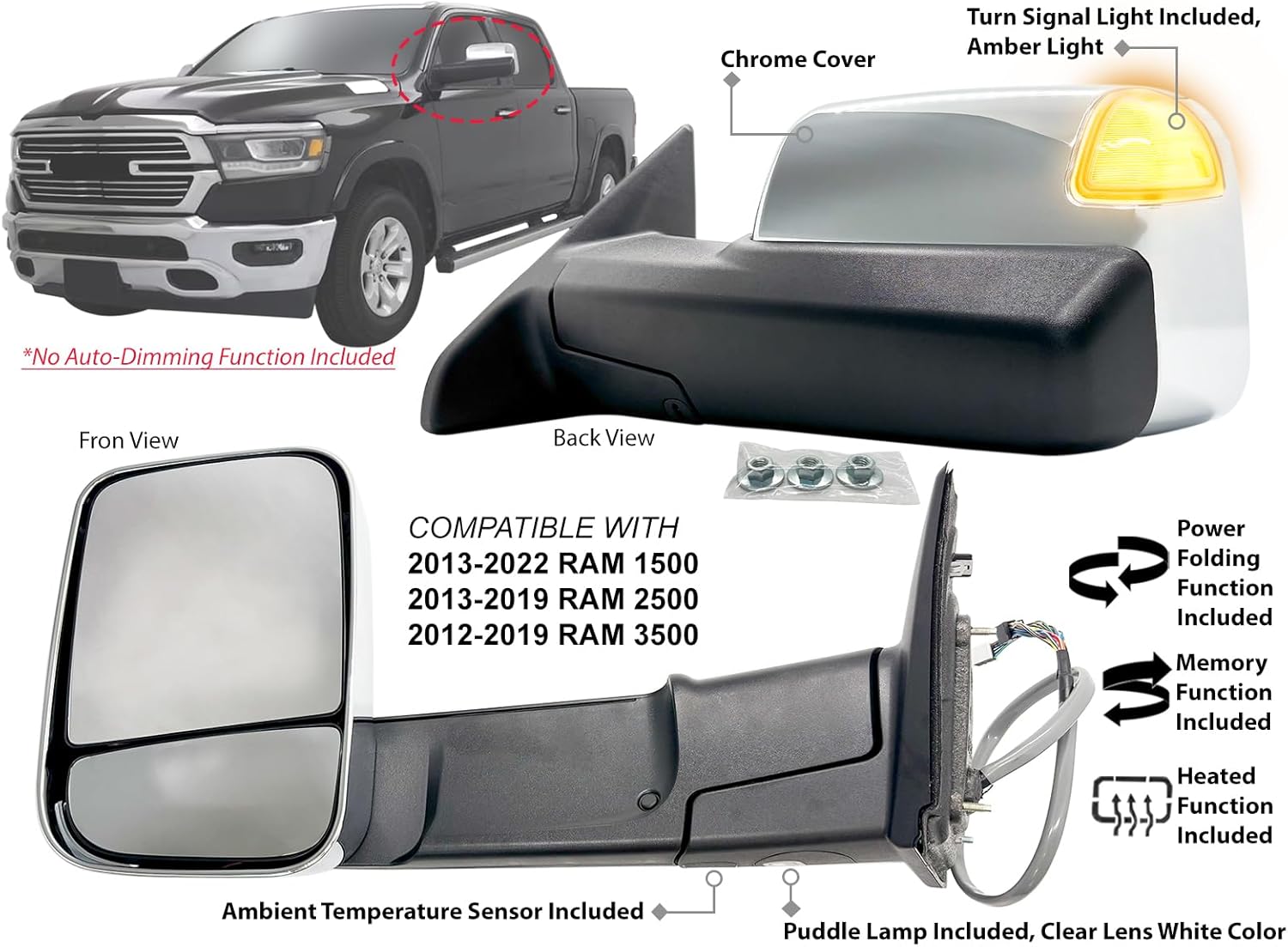 APA Replacement for Towing Mirror 2012-2022 RAM R1500 R2500 R3500 Pickup Power Folding with Memory Turn Signal Puddle Light Chrome Cover Driver Left Side 68416903AC CH1320398
