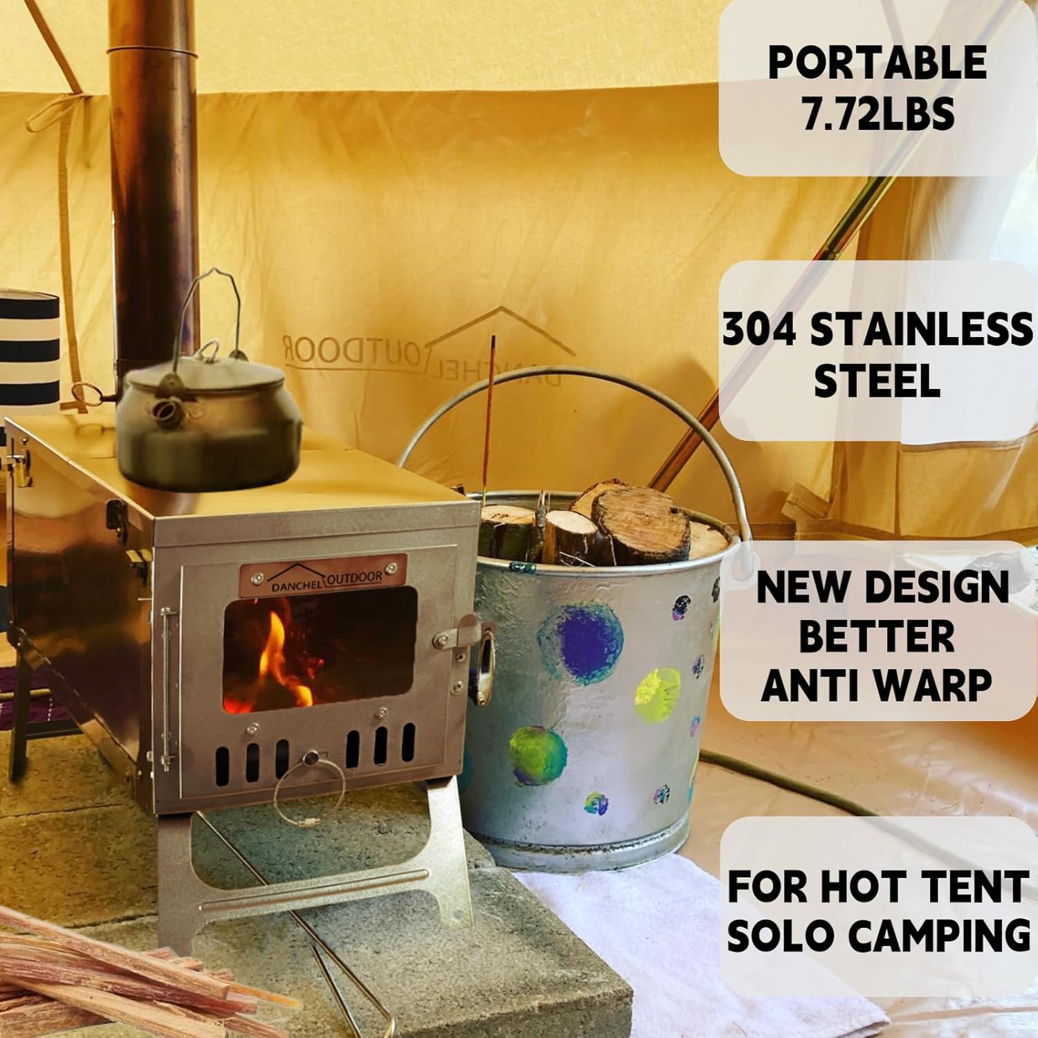 DANCHEL OUTDOOR S6/SSG Portable Folding Hot Tent Camping Stove, 304 Stainless Steel Small Tent Wood Stove with 7.2ft Pipe for Winter Survival,Cooking, Backpacking