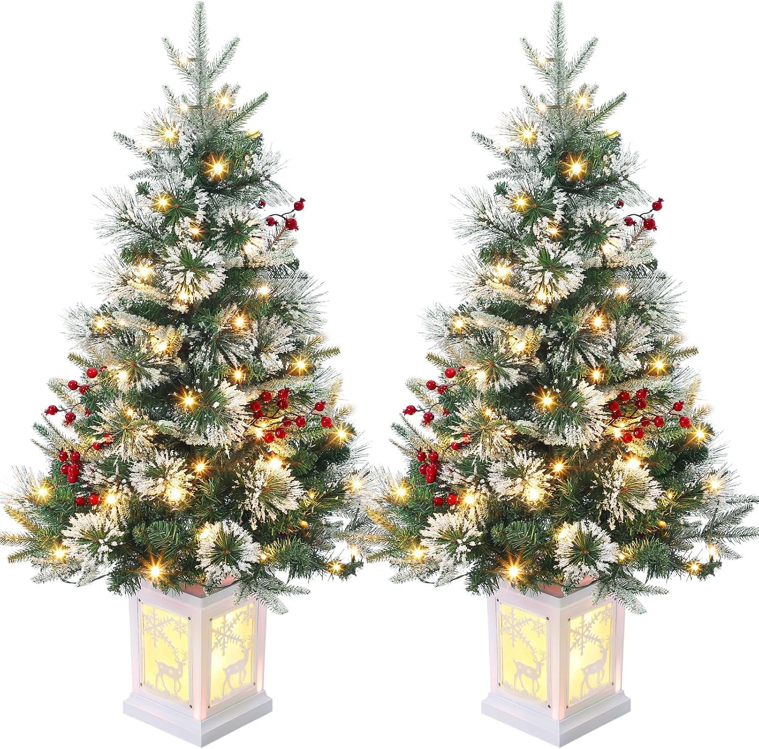 3 Ft Christmas Tree with Snowman Base,Artificial Holiday Christmas Tree with 78 Led Lights, Red Berry Decorations, 8-Mode Battery Box, Holiday Ready, Easy Installation, 2-Piece Set