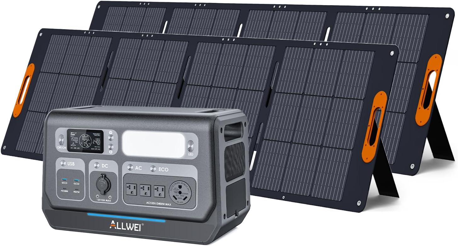 ALLWEI Portable Power Station 2400W(Surge 4800W) with 2x 200W Solar Panels, 2048Wh LiFePO4 Solar Generator, 4 AC Outlet, Expandable to 10240Wh, UPS Battery Generator for Outdoor RV Camping Home Use