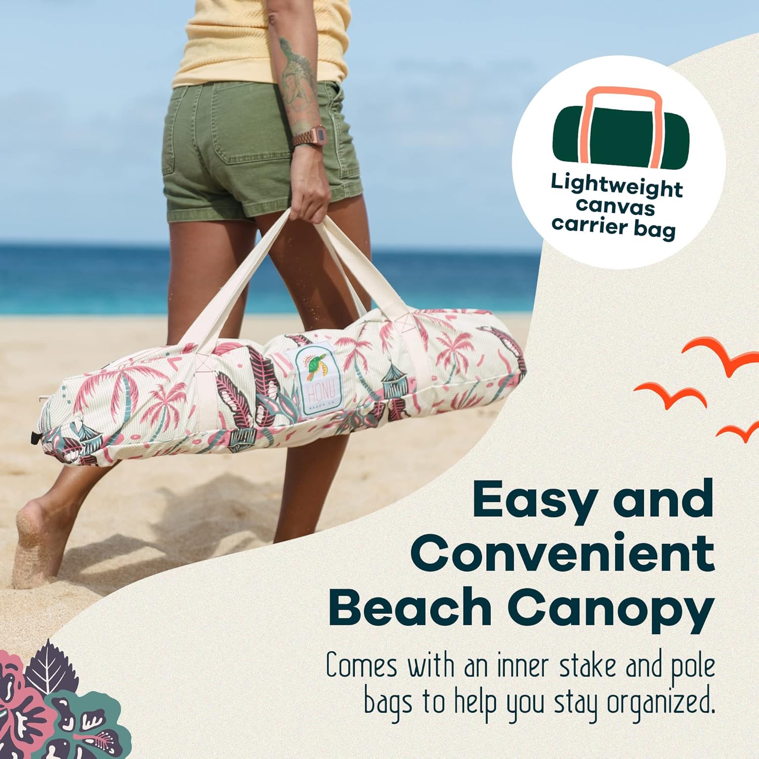 UPF 50+ Portable Beach Canopy Tent Set - 3-Step Assembly, Vintage Hawaii - Includes Bag, Poles, Stakes & Hammer - Ideal Sun Shade for Beach, Easy and Convenient
