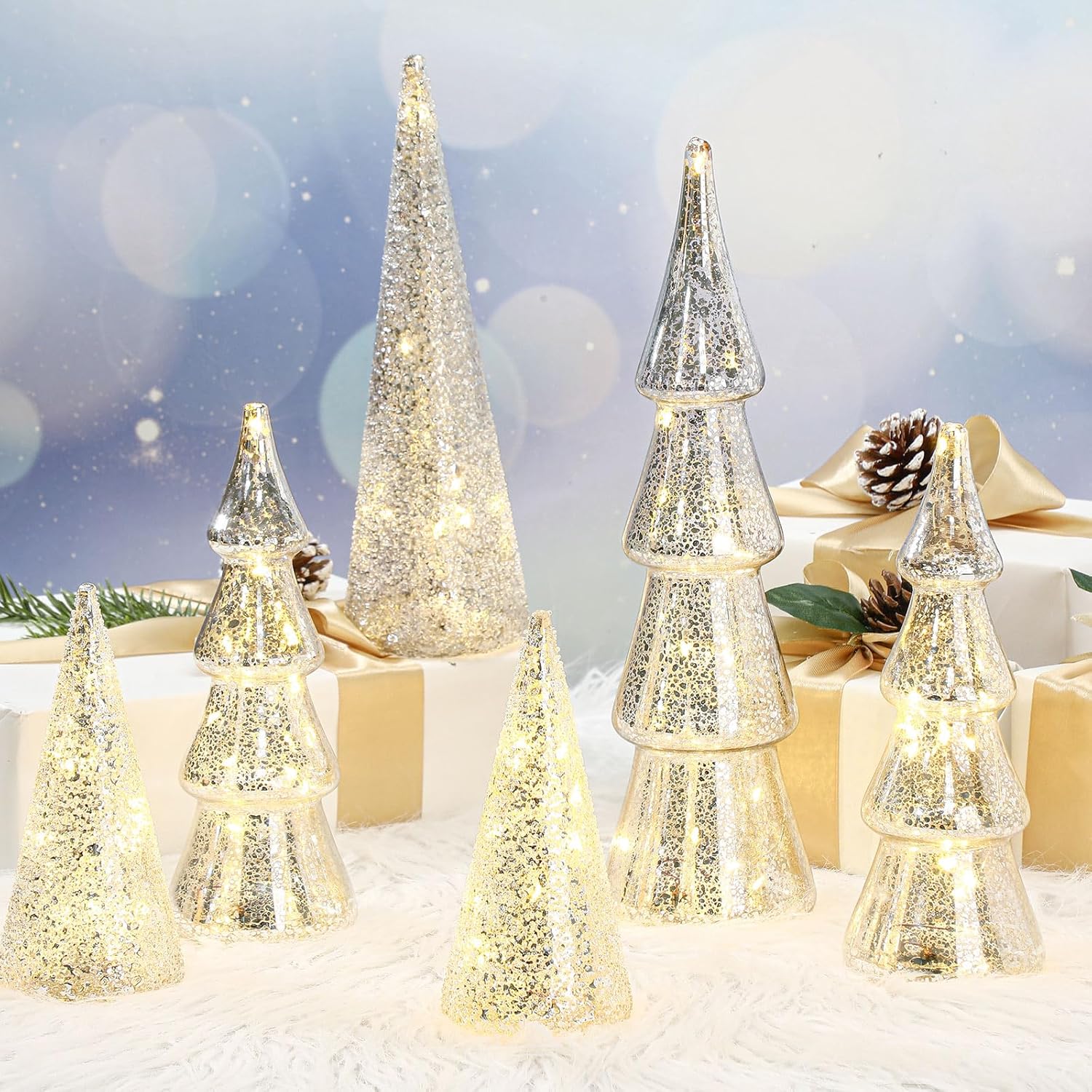 6 Pcs Mercury Glass Christmas Tree Silver Plate Glass Figurines with LED Fairy Lights 11 in Tall Silver Finish Light up Christmas Tree Ornaments Holiday Table Centerpiece Tabletop(Elegant)