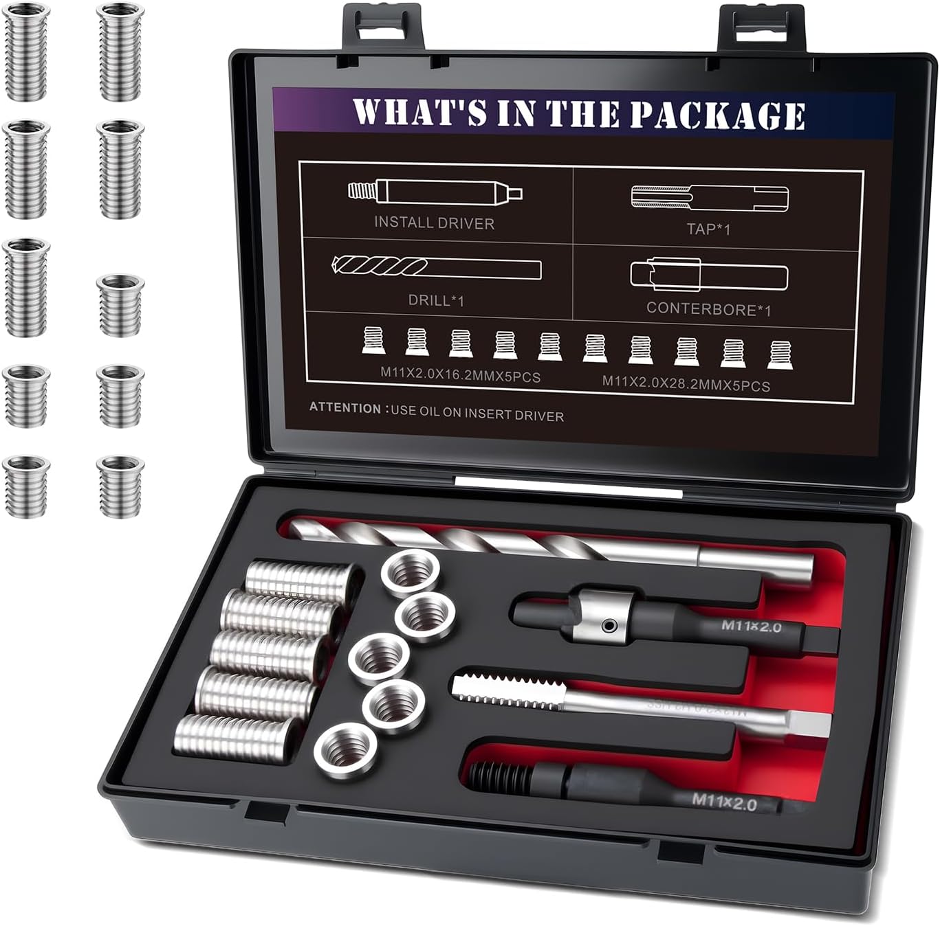 M11X2.0 Metric Thread Repair Kit with Insert HSS Drill, Tap, Installation Driver, Counterbore, Two Sizes Stainless Steel Insert 5PCS 16.2MM and 5PCS 28.2MM