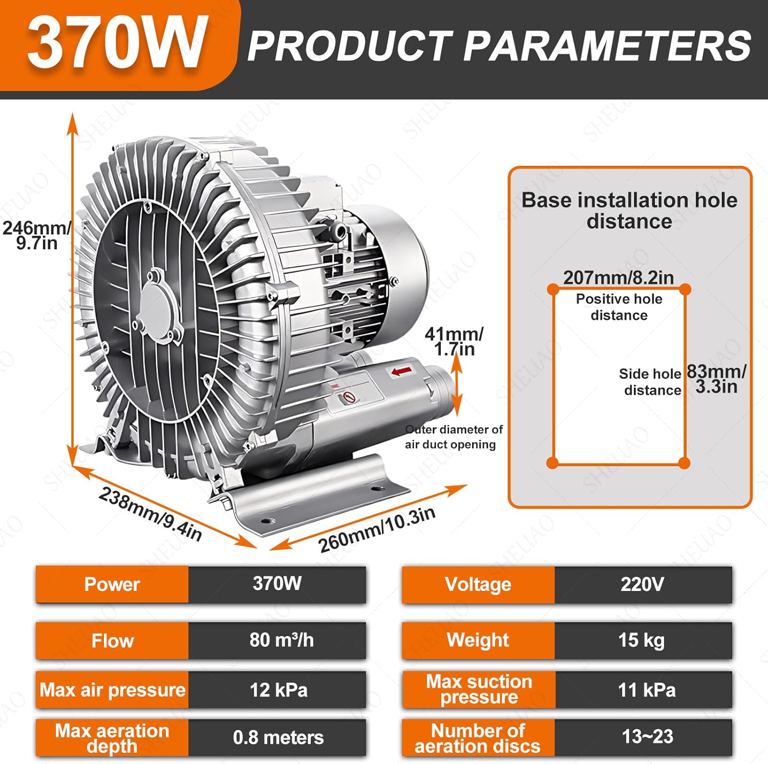Regenerative Blower,Single Phase/Three Phase,Large Airflow Type High-Pressure Vortex Ring Blower for Sewage Aeration Aquarium Fish Pond, Aluminum Alloy 370W/220V
