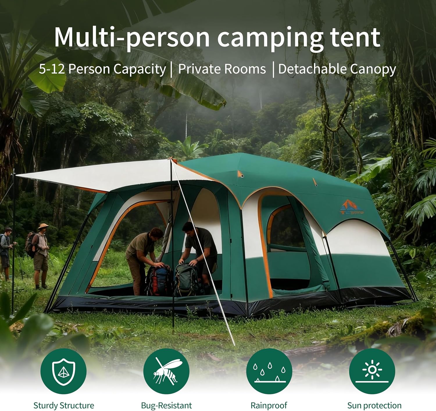Large Family Camping Tent - 5-12 Person Multi-Room Waterproof Pop-Up Tent with Screened Porch - Glamping Tent for Outdoor Camping & Family Vacation